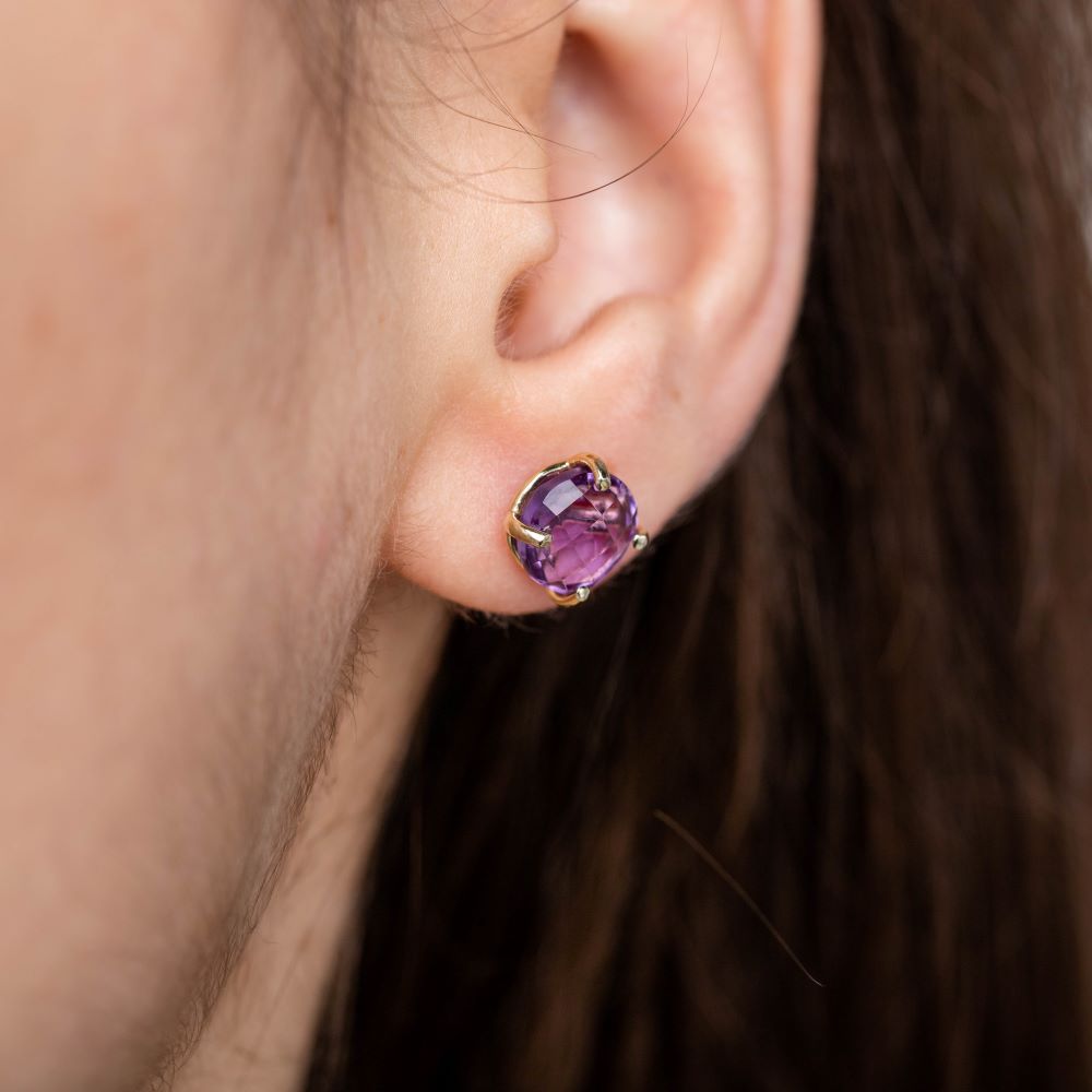 Chrysoprase Stud Earrings 14K Gold 8mm worn on ear showcasing natural gemstone on solid 14K gold setting, perfect gift.