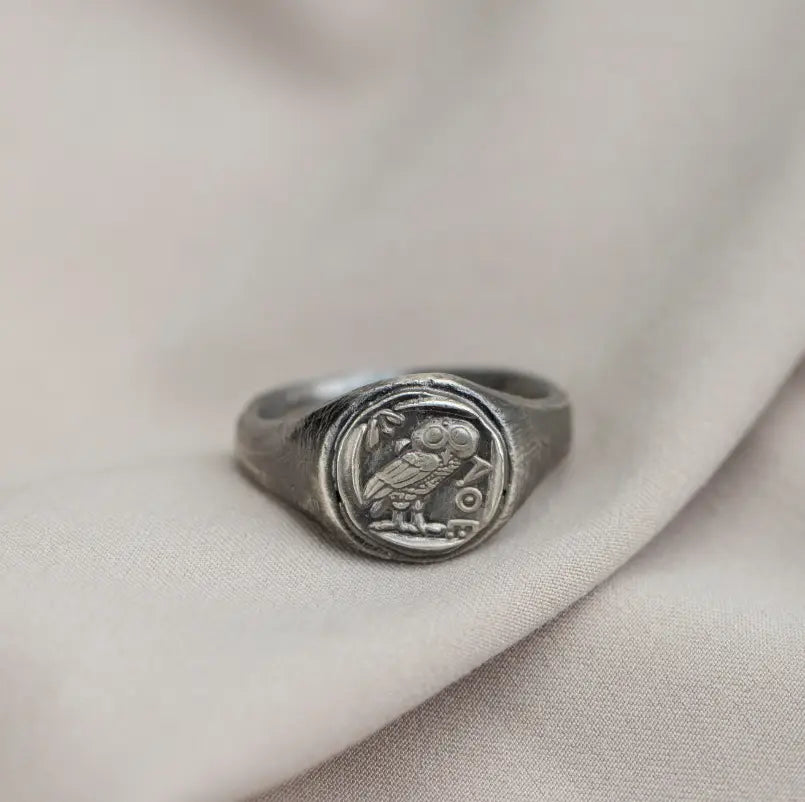 Athena Owl Coin Signet Ring Oxidized Silver