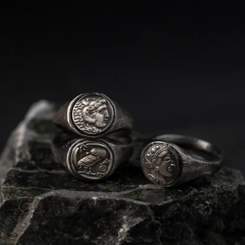 Alexander the Great Ring Oxidized Silver on stone background, showcasing detailed craftsmanship and historical design.