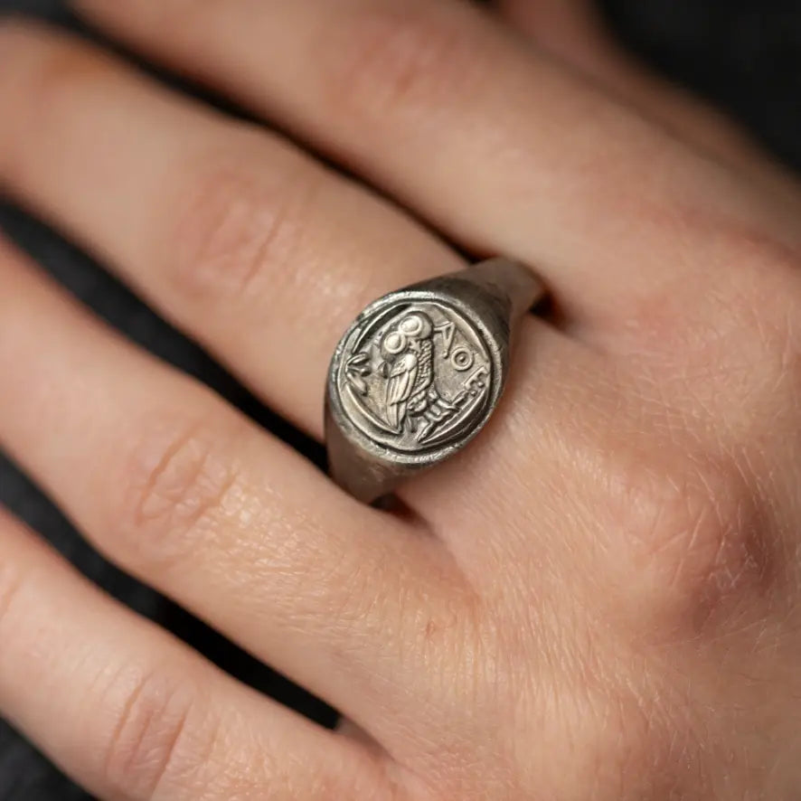 Athena Owl Coin Signet Ring Oxidized Silver
