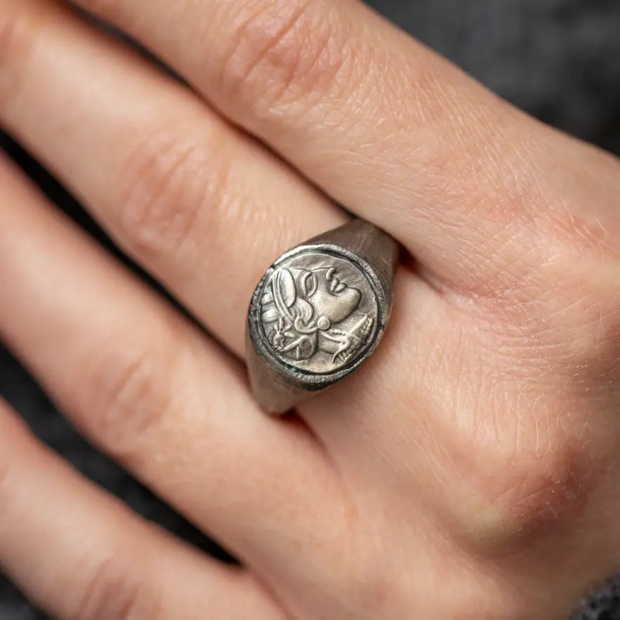 Greek Goddess Athena Ring Oxidized Silver with intricate design and timeless appeal on hand