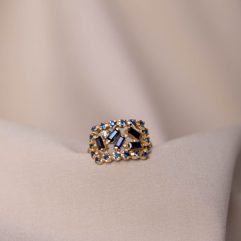 Δαχτυλίδι Μπλε Ζαφείρια Baguette Διαμάντι Χρυσό