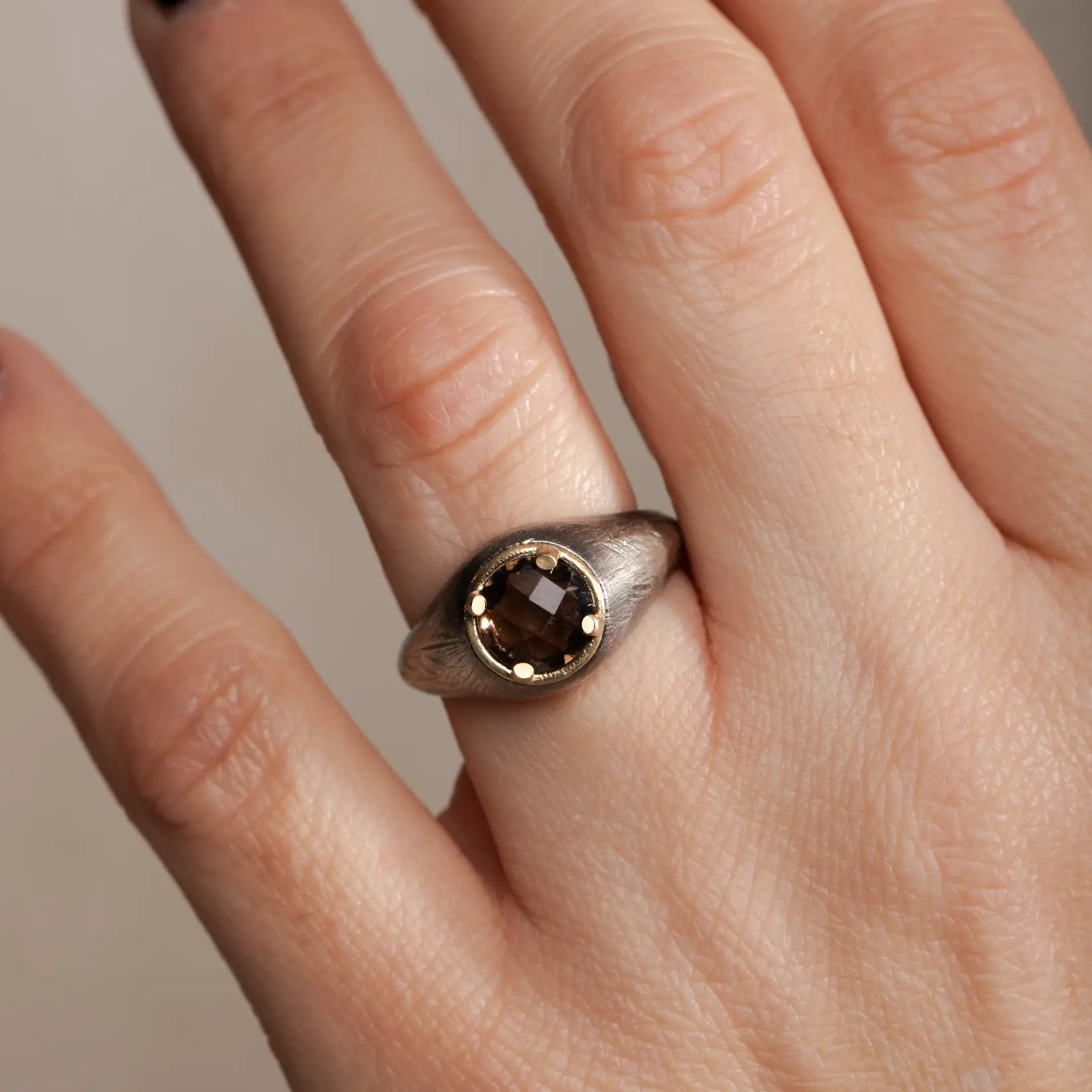 Smoky Quartz Ring Oxidized Silver 925 14K Gold on hand, featuring black oxidized finish and handcrafted brutalist design for men.