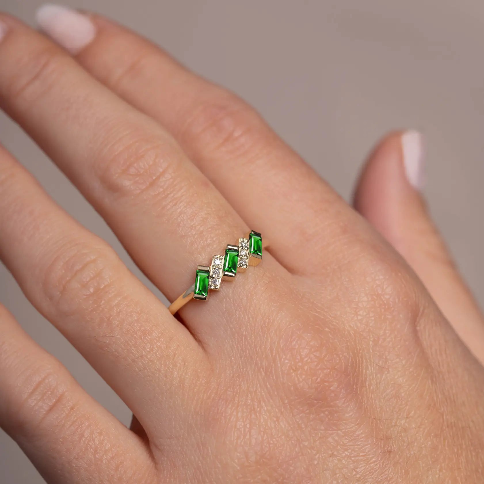 Diamond Tsavorite Baguette Ring 14K Gold