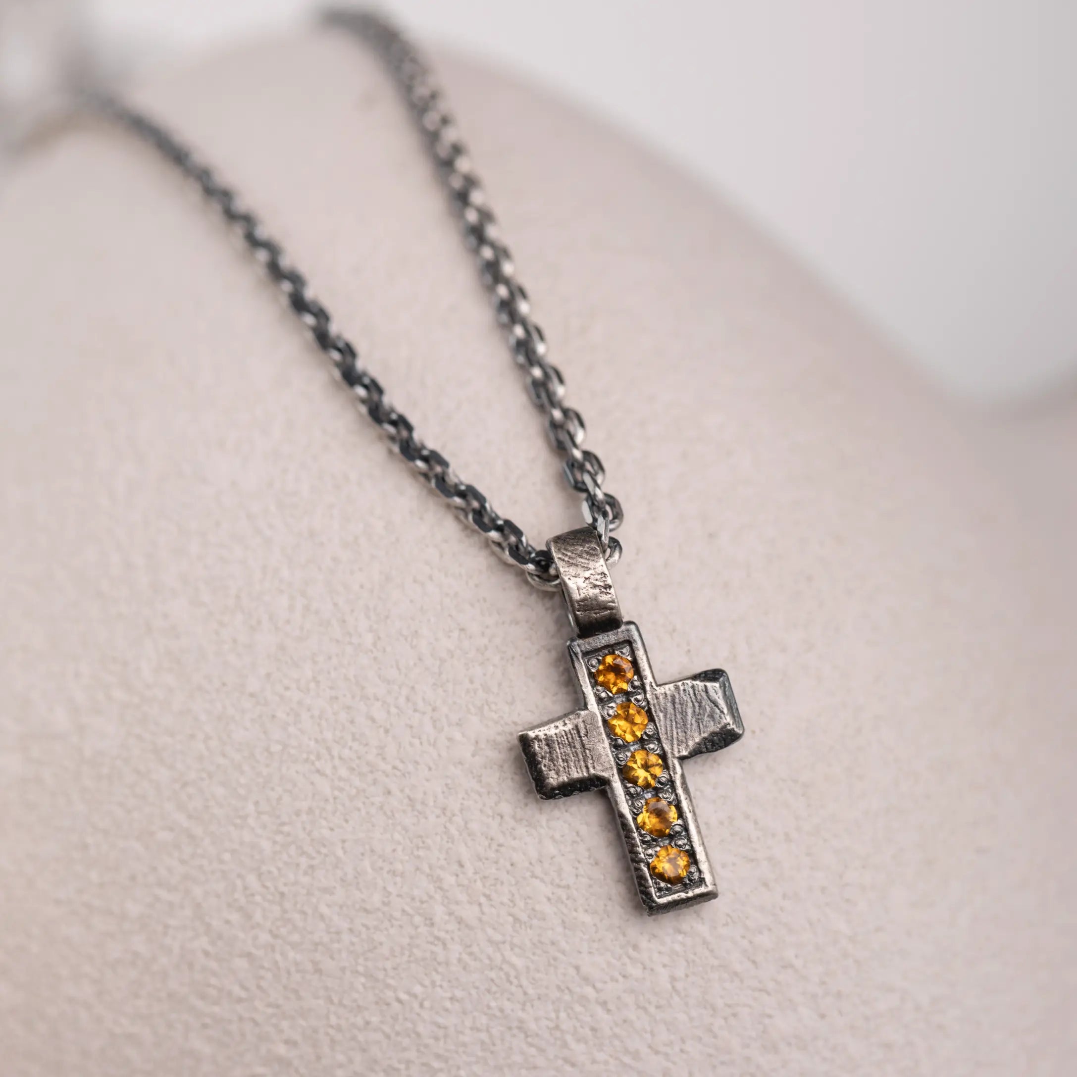 Oxidized Silver Cross Necklace Citrine with natural citrine gemstones and a modern cross pendant.