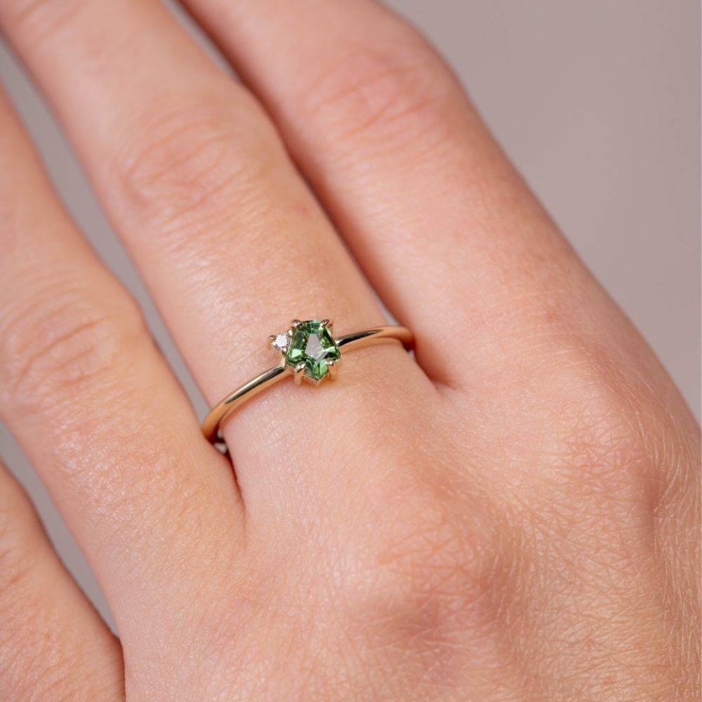 Diamond and Green Tourmaline Ring 14K Gold