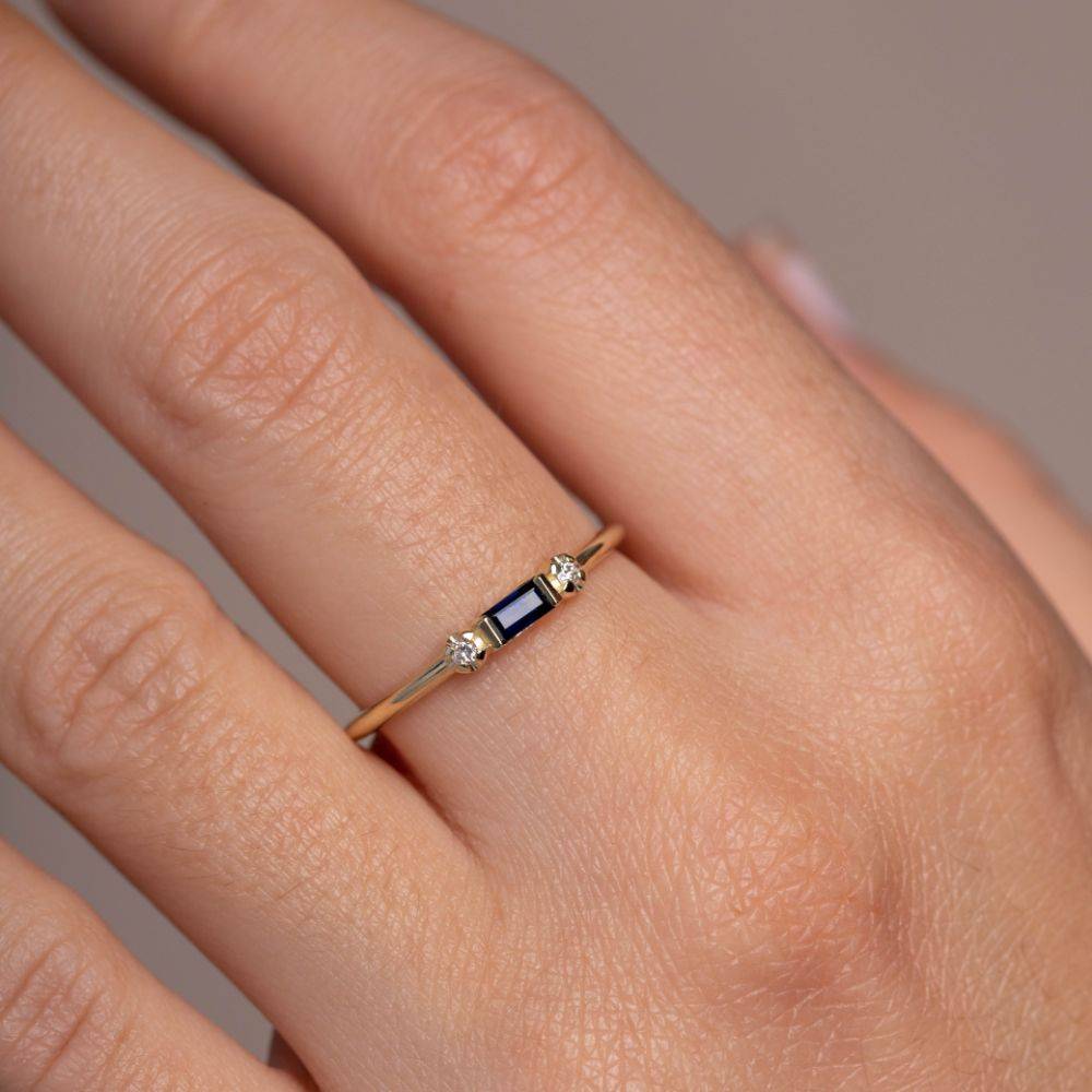Baguette Blue Sapphire Diamond Ring 14K Gold