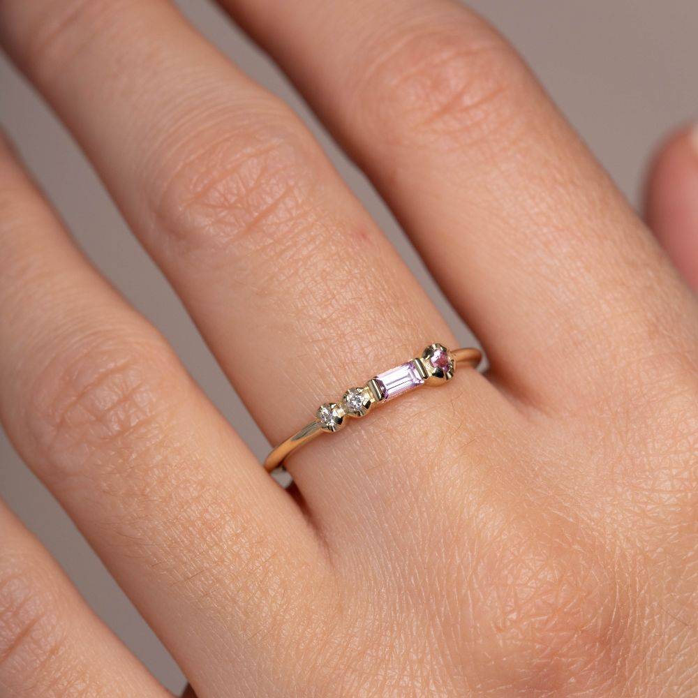 Pink Sapphires Diamond Ring 14K Gold