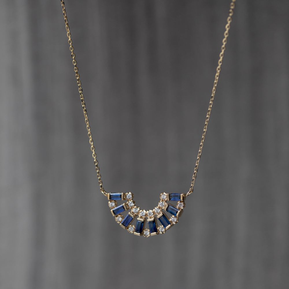 Blue Sapphire Half Circle Necklace 14K Gold with sapphire and diamond accents, elegant gift choice, handmade design, 40cm length.