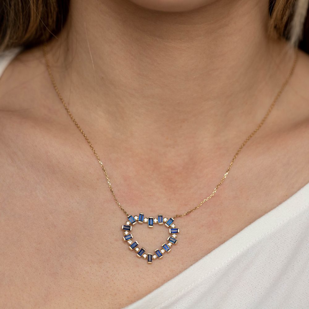 Blue Sapphire Diamond Heart Necklace 14K Gold
