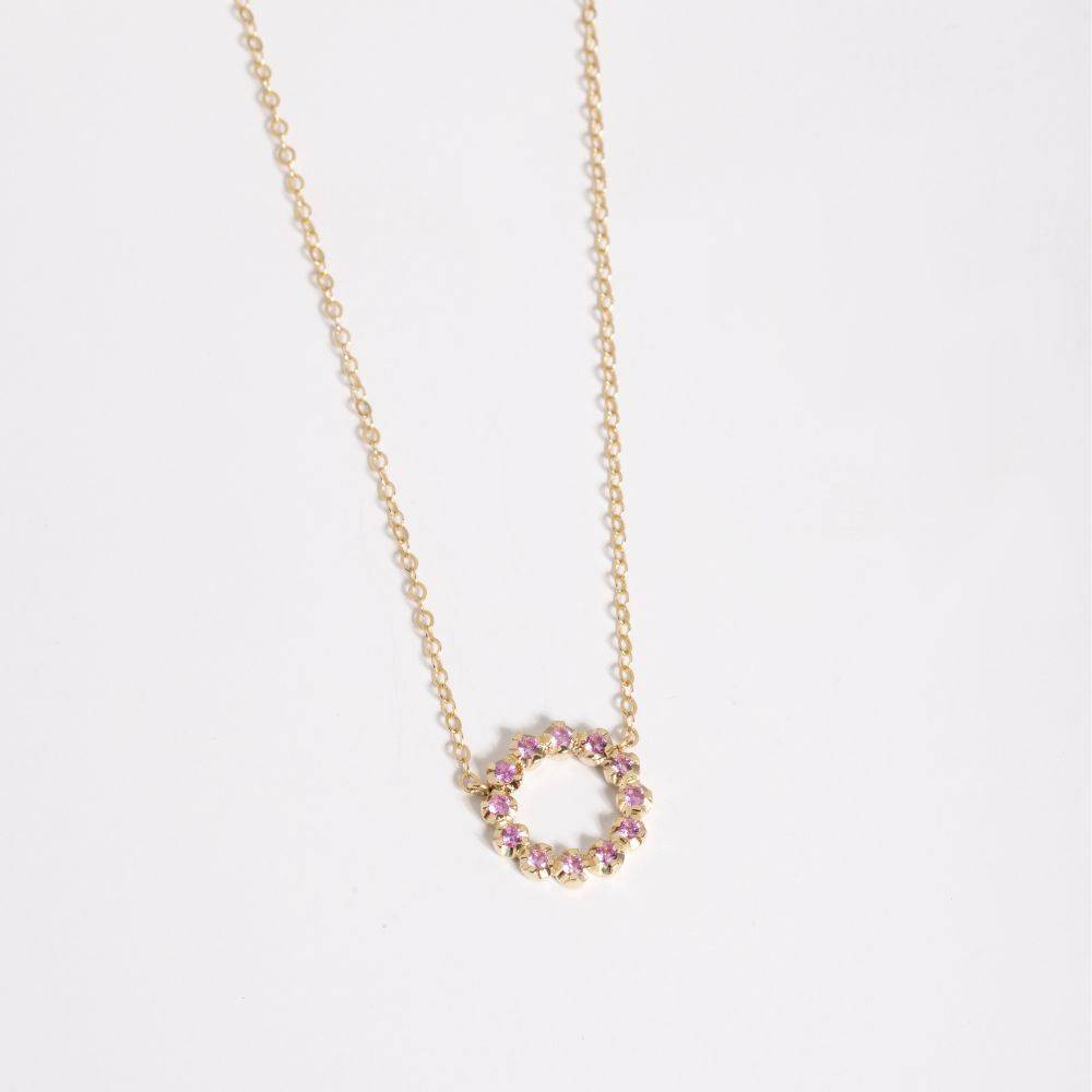 Pink Sapphire Circle Necklace 14K Gold