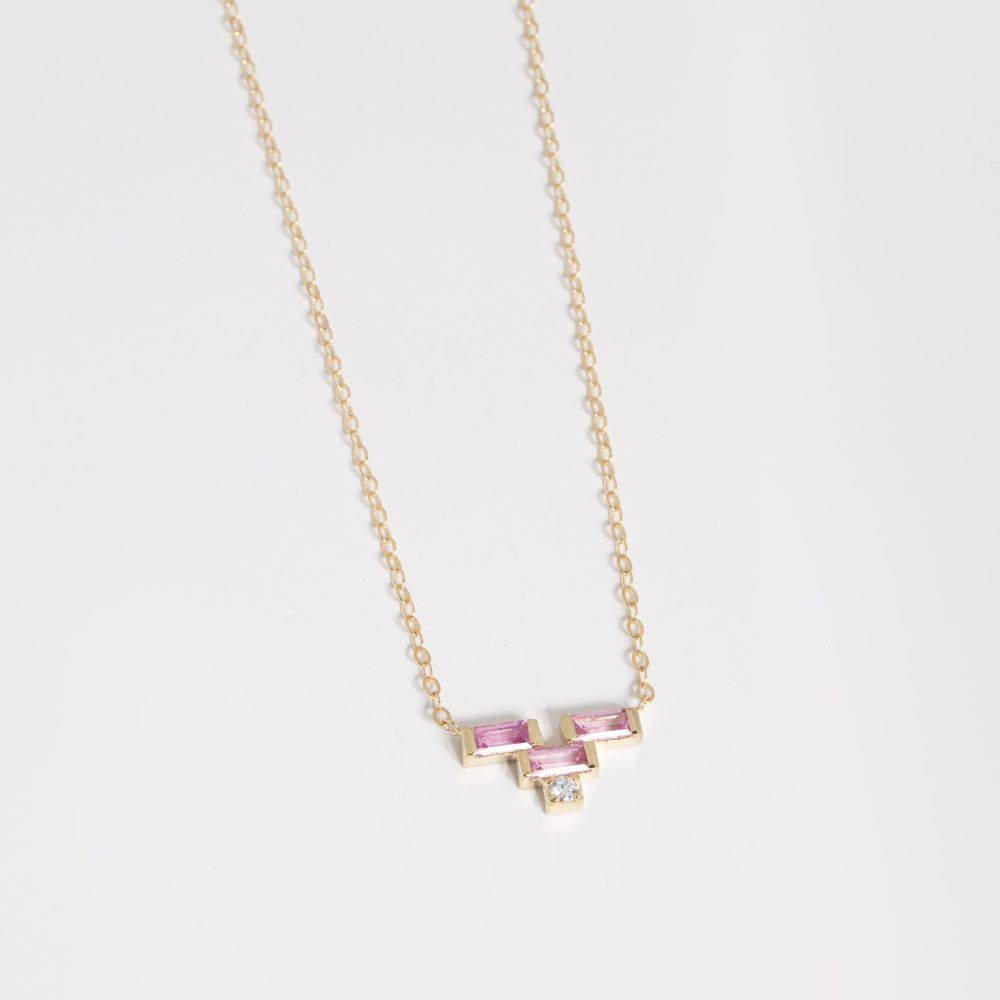 Pink Sapphire Baguette Diamond Necklace 14K Gold