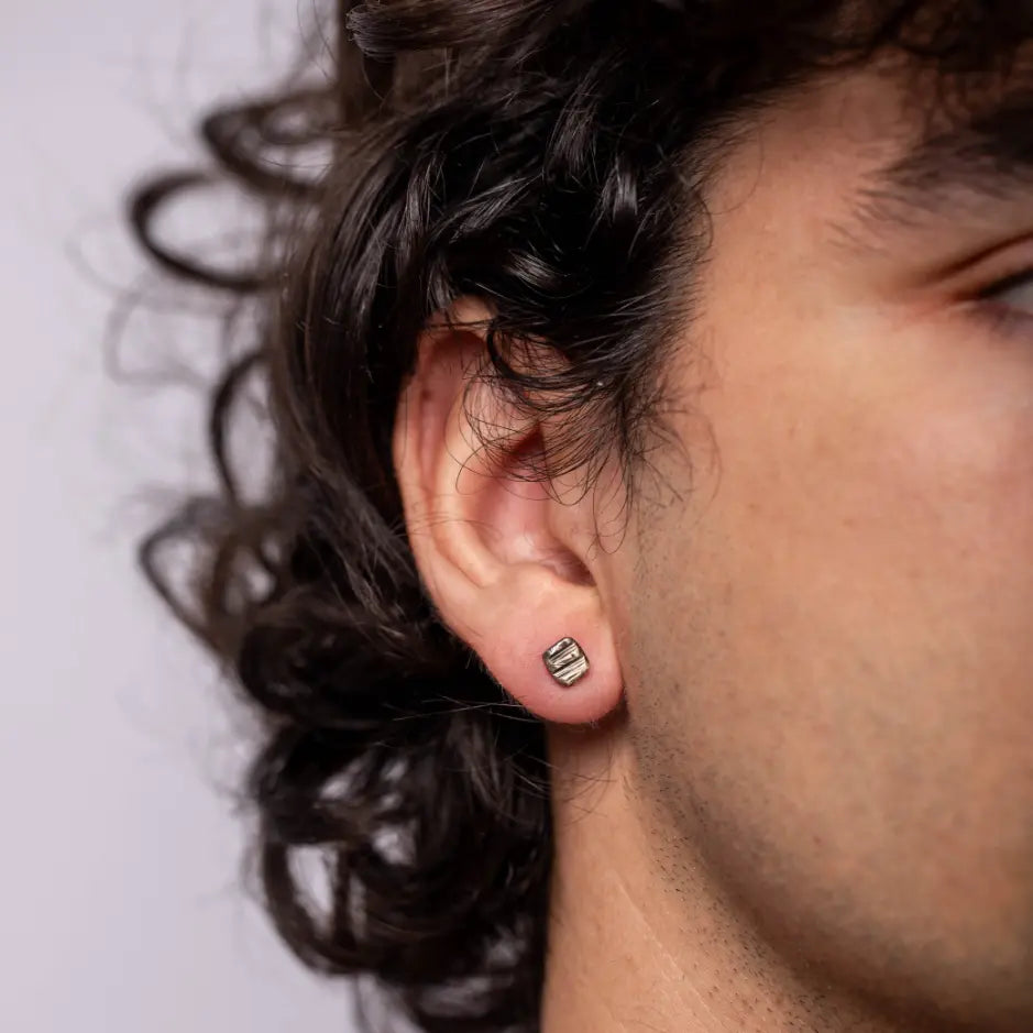 Oxidized Silver Square Stud Earrings worn by person, handmade in sterling silver 925, 5mm x 6mm, in eco leather pouch