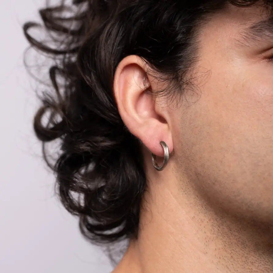 Medium Hoop Earrings Oxidized Silver worn by model, handmade sterling silver 925, men's jewelry, 18mm diameter, eco-friendly gift packaging