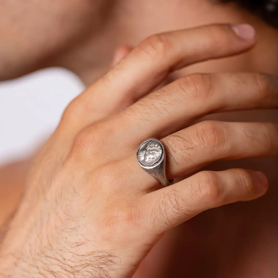 Greek Goddess Athena Ring Oxidized Silver on hand, featuring intricate design and 925 sterling silver with a bold, timeless appeal.