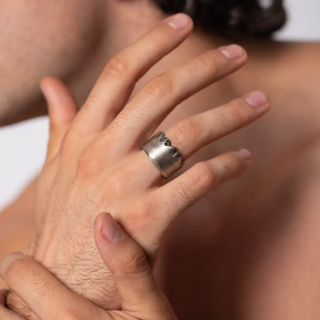 Black Diamond Wide Band Ring Oxidized Silver