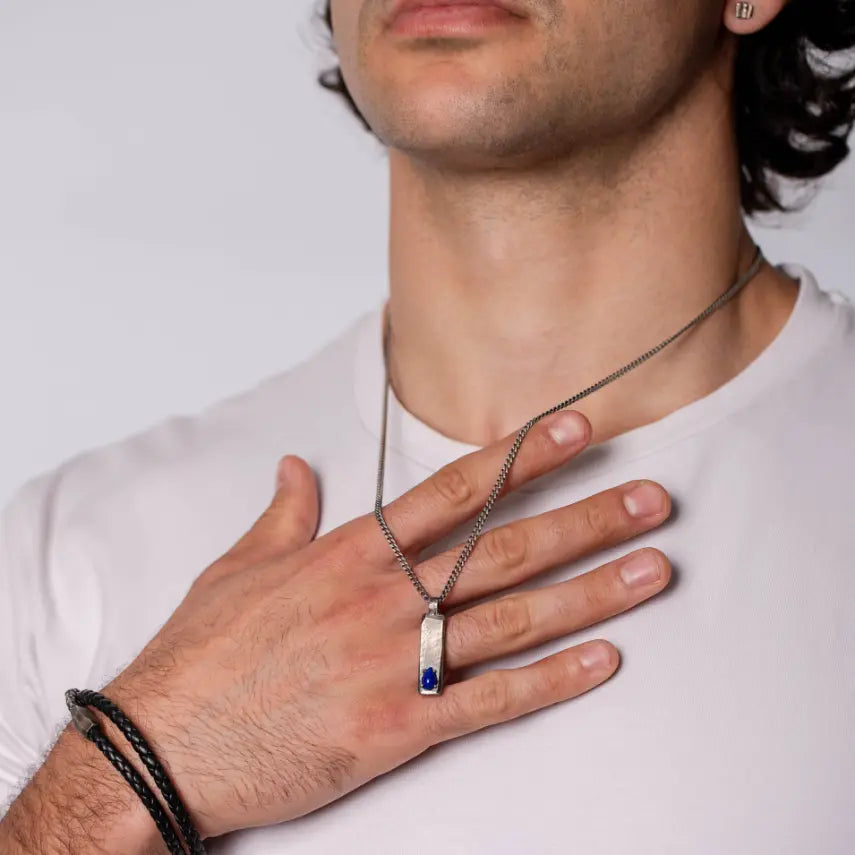 Vertical Bar Necklace Oxidized Silver Lapis Lazuli