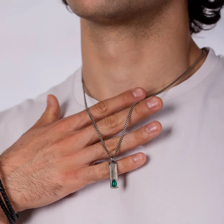 Vertical Bar Necklace Oxidized Silver Green Onyx