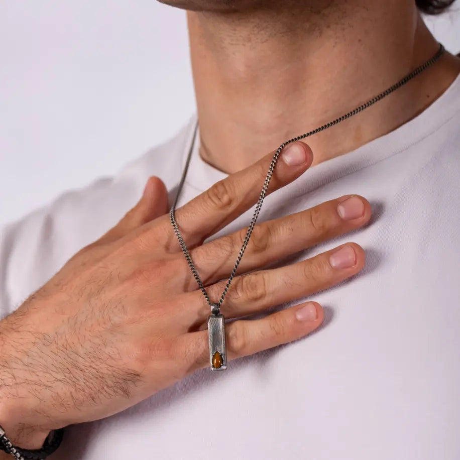 Vertical Bar Necklace Oxidized Silver Tiger's Eye