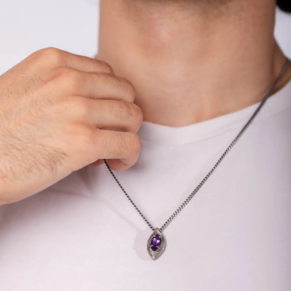 Purple Amethyst Necklace Oxidized Silver Marquise