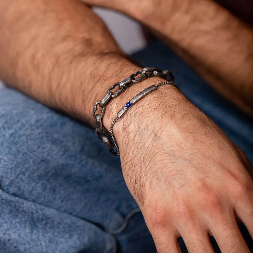 Lapis Lazuli Men's Bracelet Oxidized Silver Personalized, handmade sterling silver bar with lapis on a man's wrist.