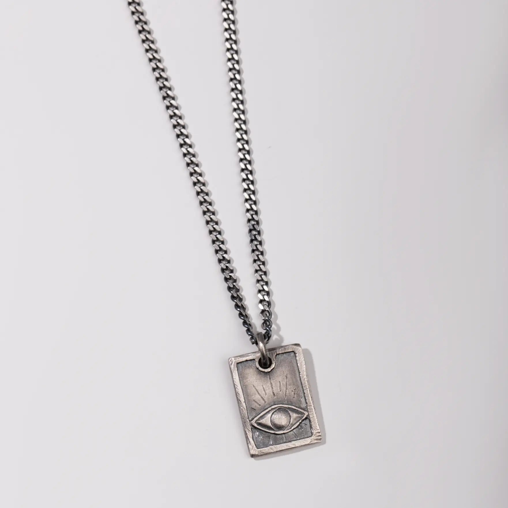 Eye Necklace Oxidized Silver 925 with rectangle tag and handcrafted eye on black oxidized curb chain, sterling silver for men.
