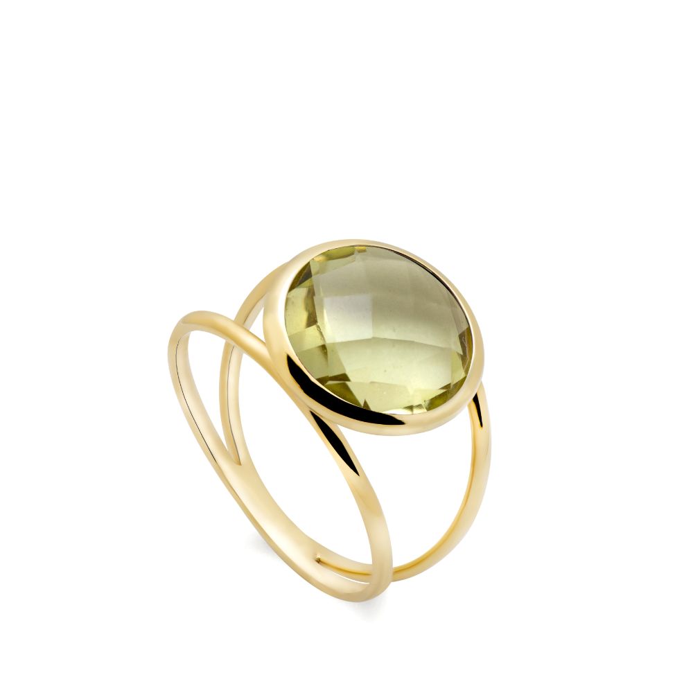 Lemon Quartz 14K Double Band Ring with 12mm Gemstone
