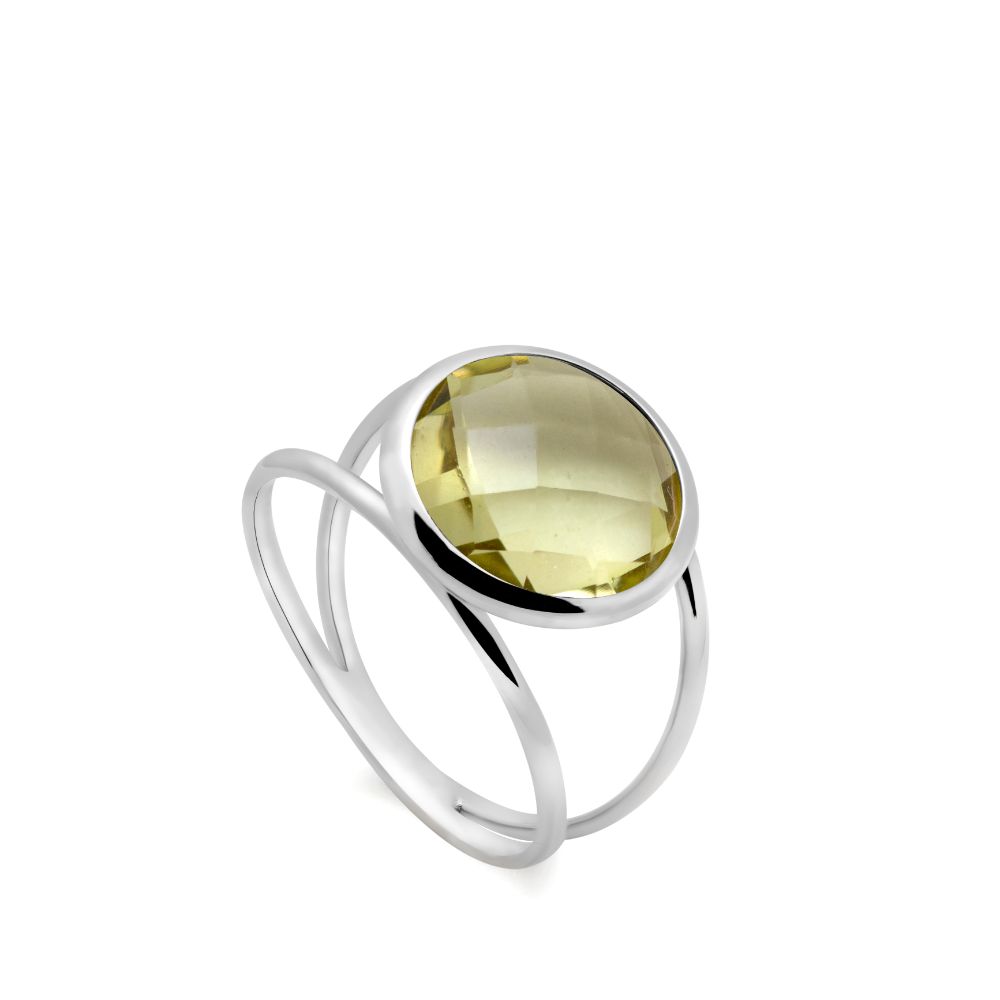 Lemon Quartz 14K Double Band Ring with 12mm Gemstone