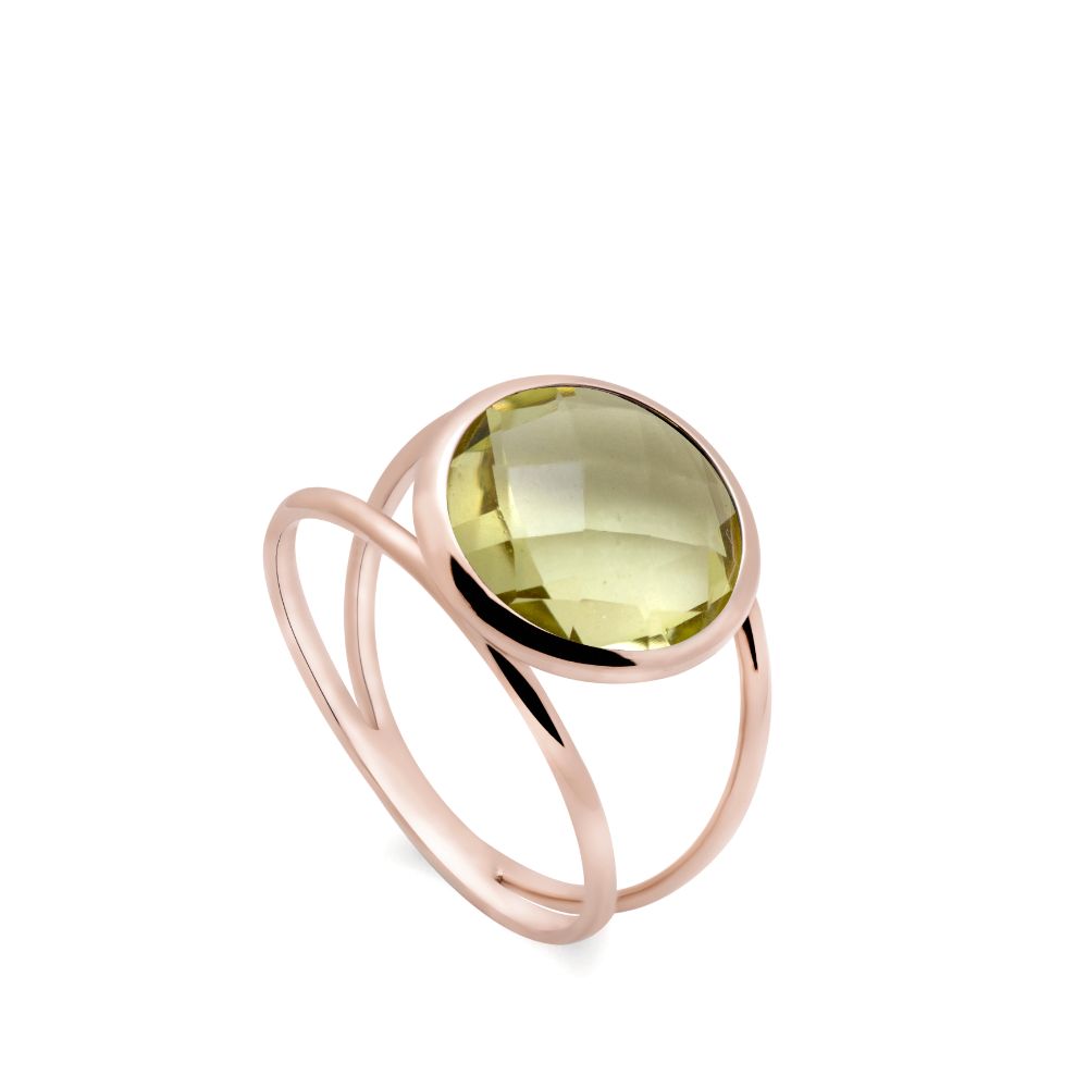 Lemon Quartz 14K Double Band Ring with 12mm Gemstone