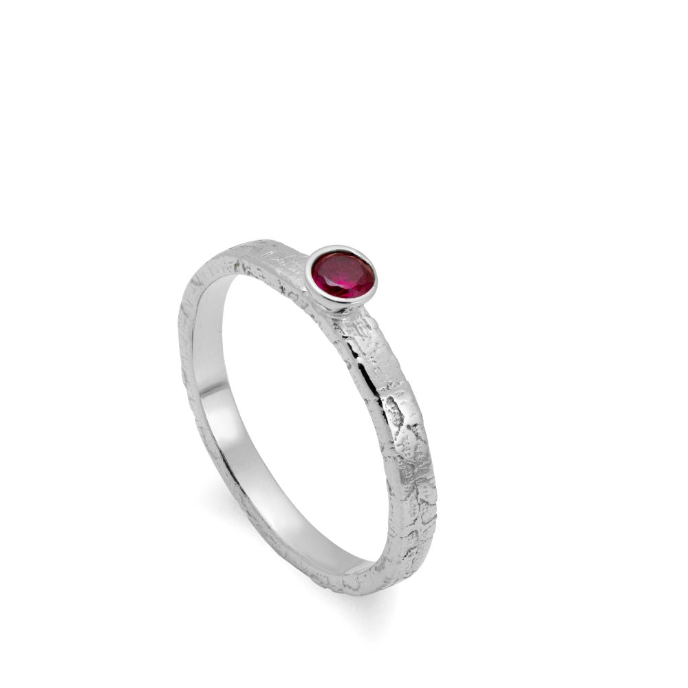 Dainty Sterling Silver Birthstone Ring with Ruby Detail