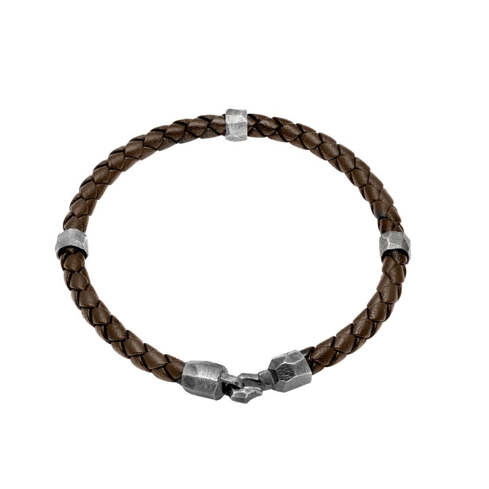 Silver Black Leather Bracelet Men