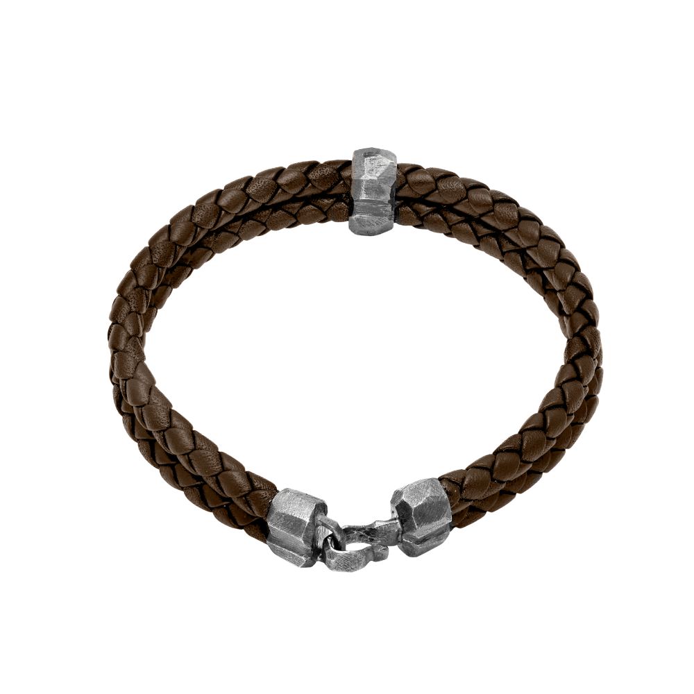 Brown Leather Bracelet Oxidized Silver