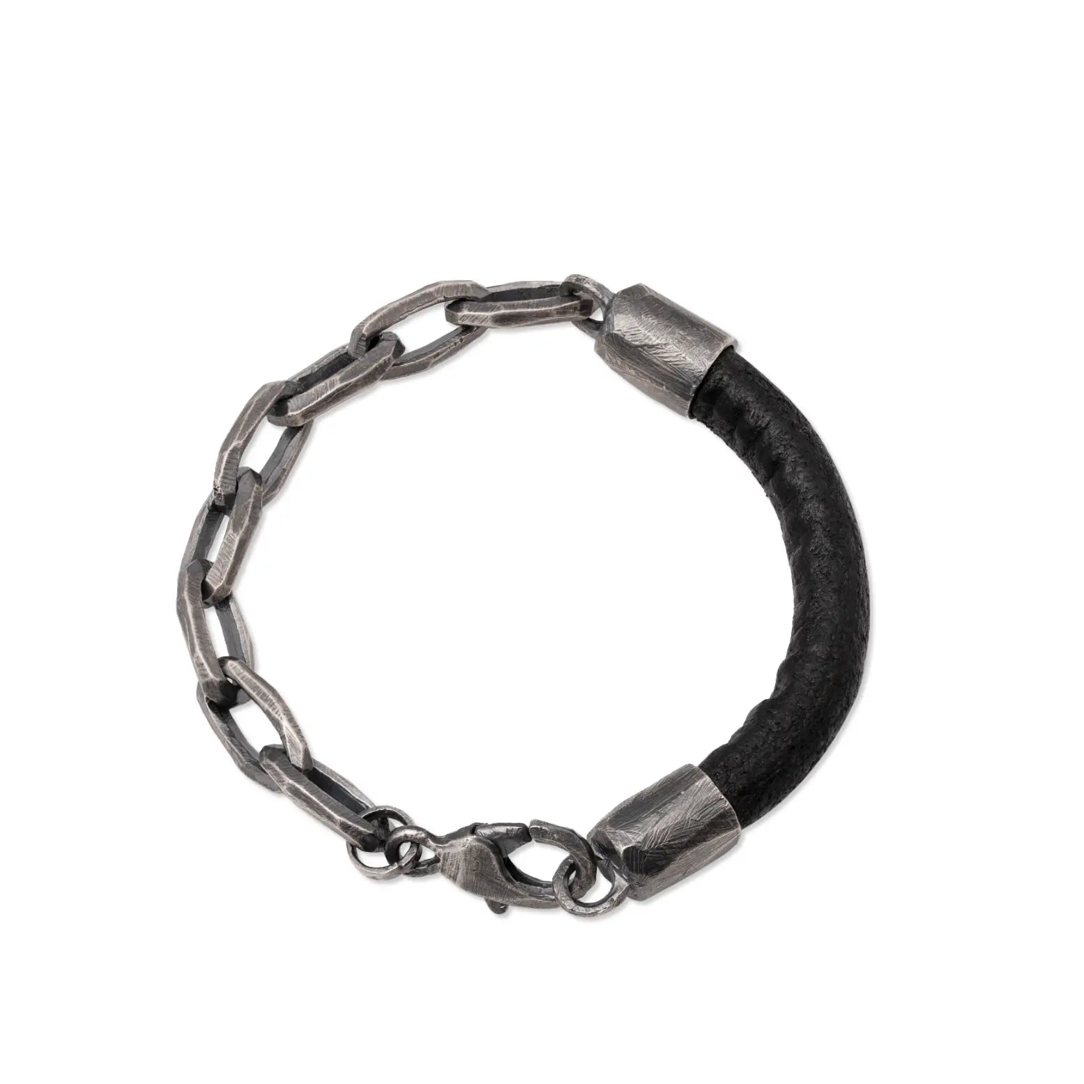 Men Leather Bracelet Oxidized Silver Chain