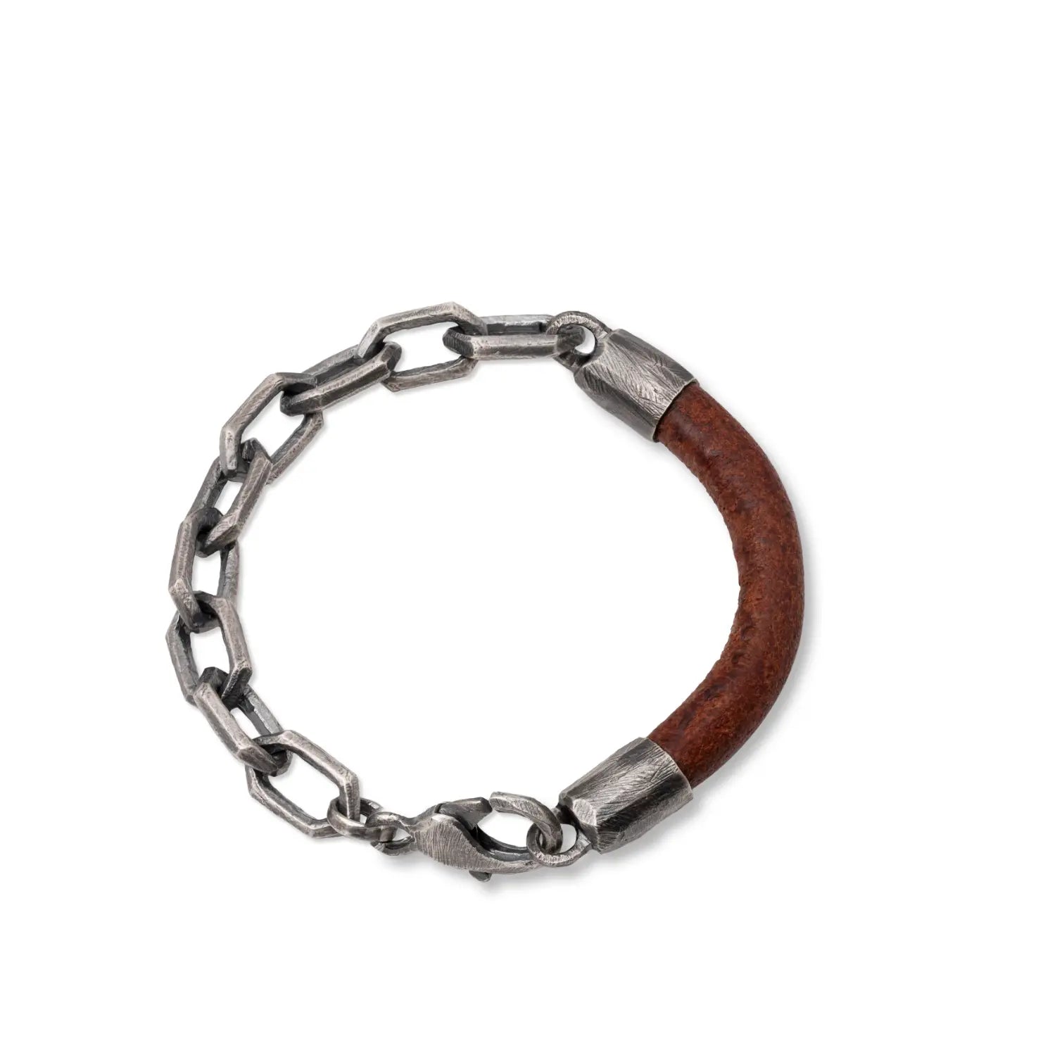 Men Leather Bracelet Sterling Silver 925 featuring black leather and oxidized sterling silver chain.