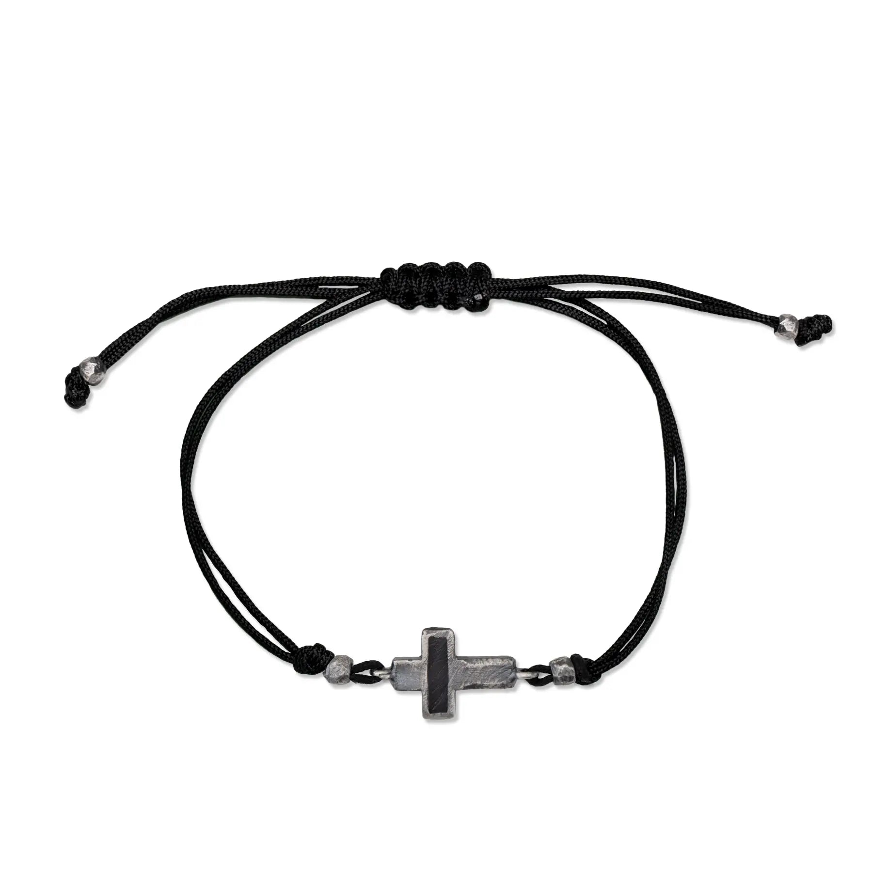 Cross Bracelet with Black Cord featuring a minimal design and adjustable black cord for men and women.