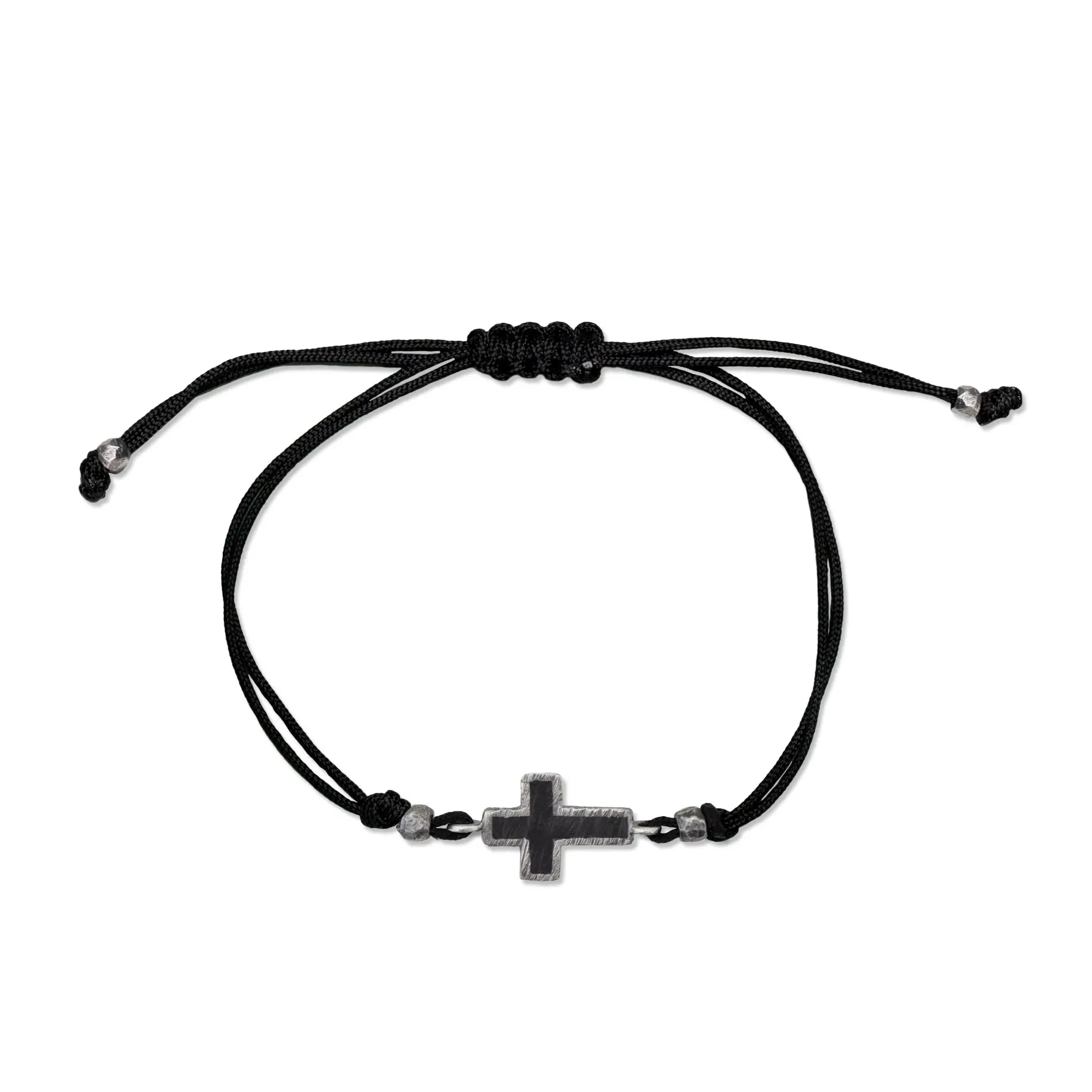 Cross Bracelet with Black Enamel and Cord featuring a minimalist black cord and cross charm design.
