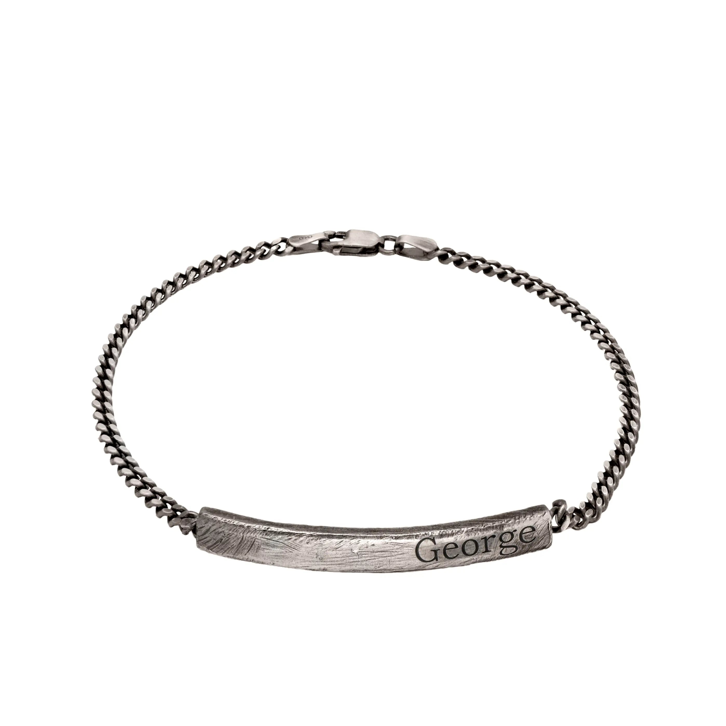 ID Men's Bracelet Oxidized Silver Personalized with engraved bar and curb chain, perfect handmade gift for men in sterling silver.