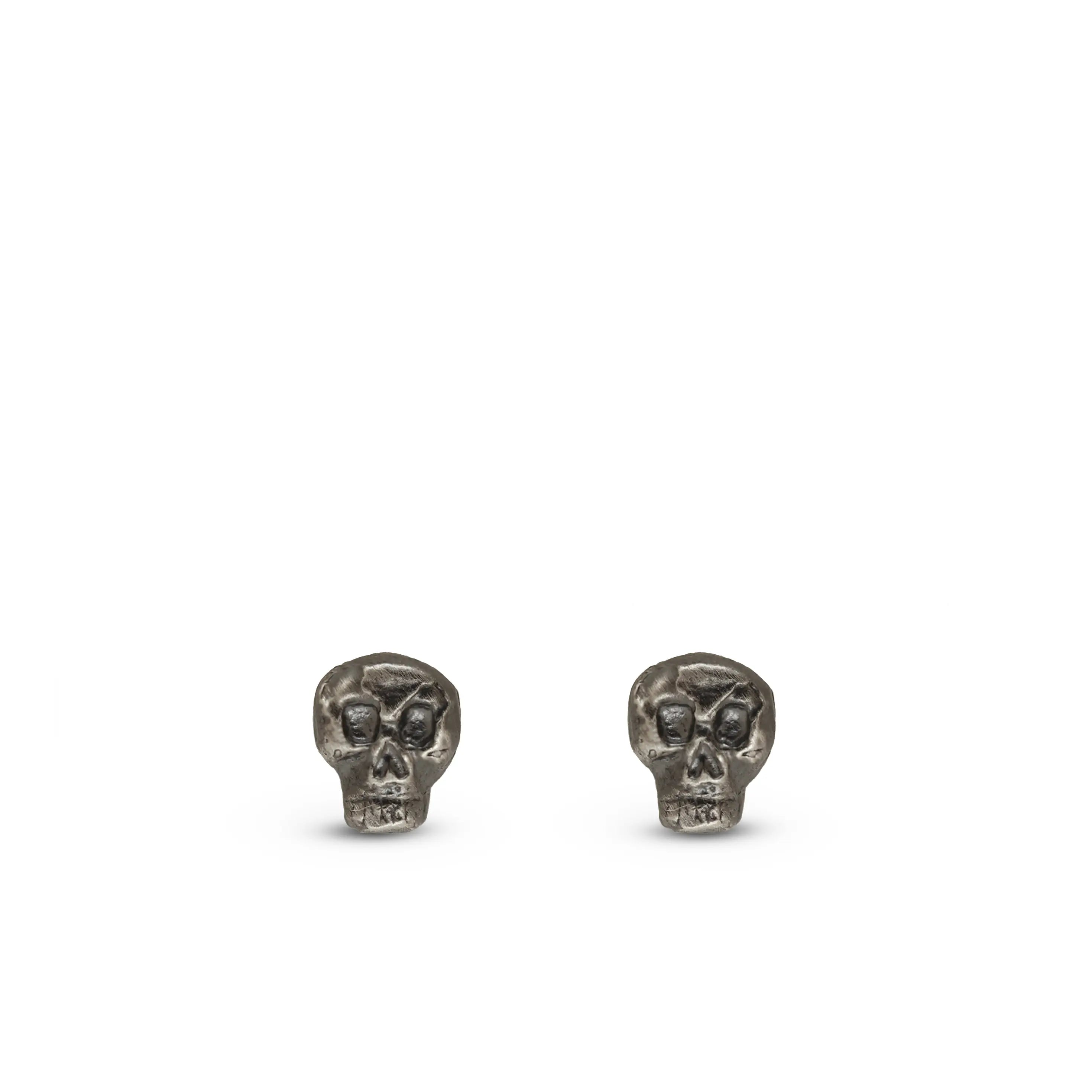 Oxidized Silver Skull Stud Earrings made of dark oxidized sterling silver 925, 5mm x 6mm, unisex design in eco leather pouch gift packaging.