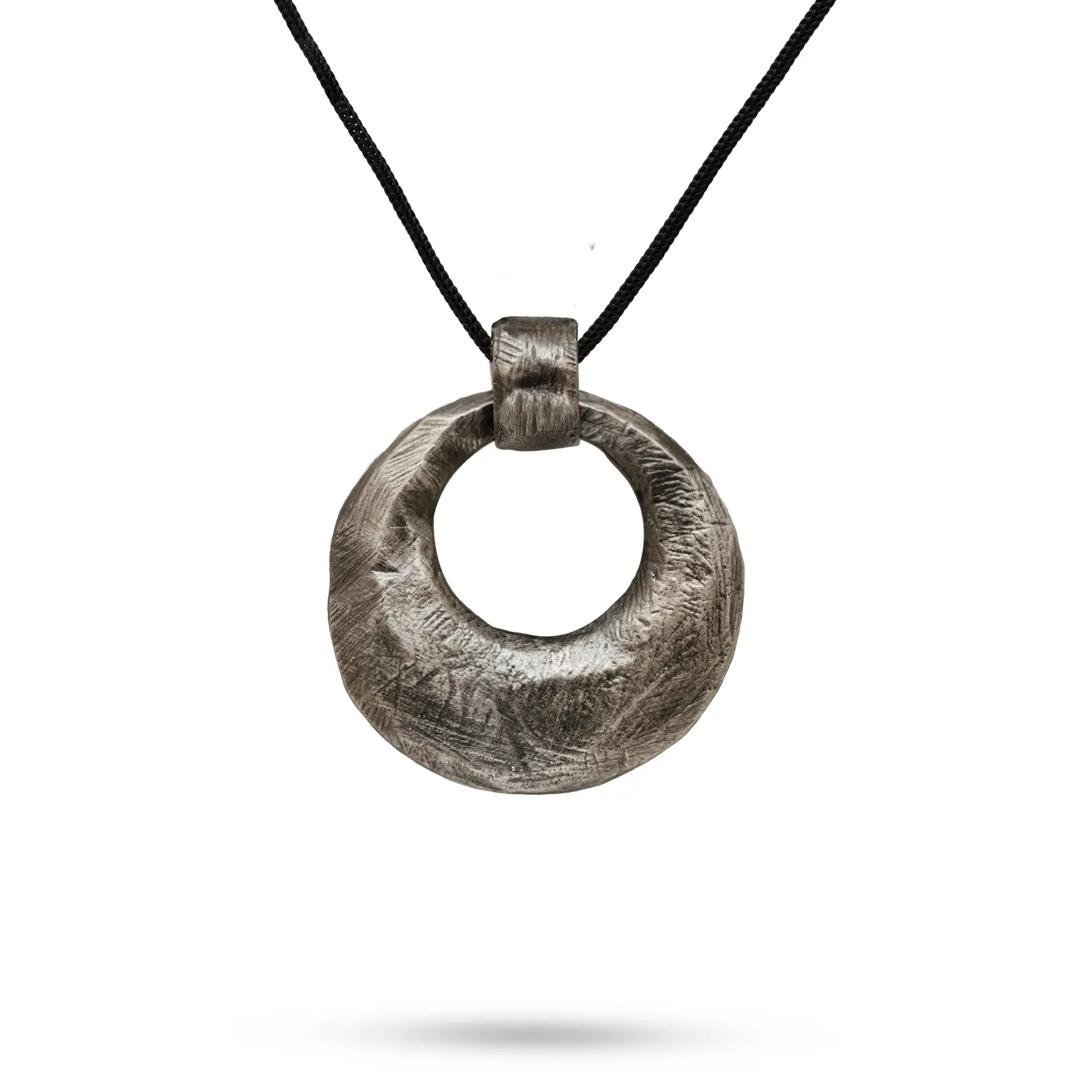 Circle Necklace Oxidized Silver with handmade sterling silver circle pendant on black curb chain, perfect men's gift.
