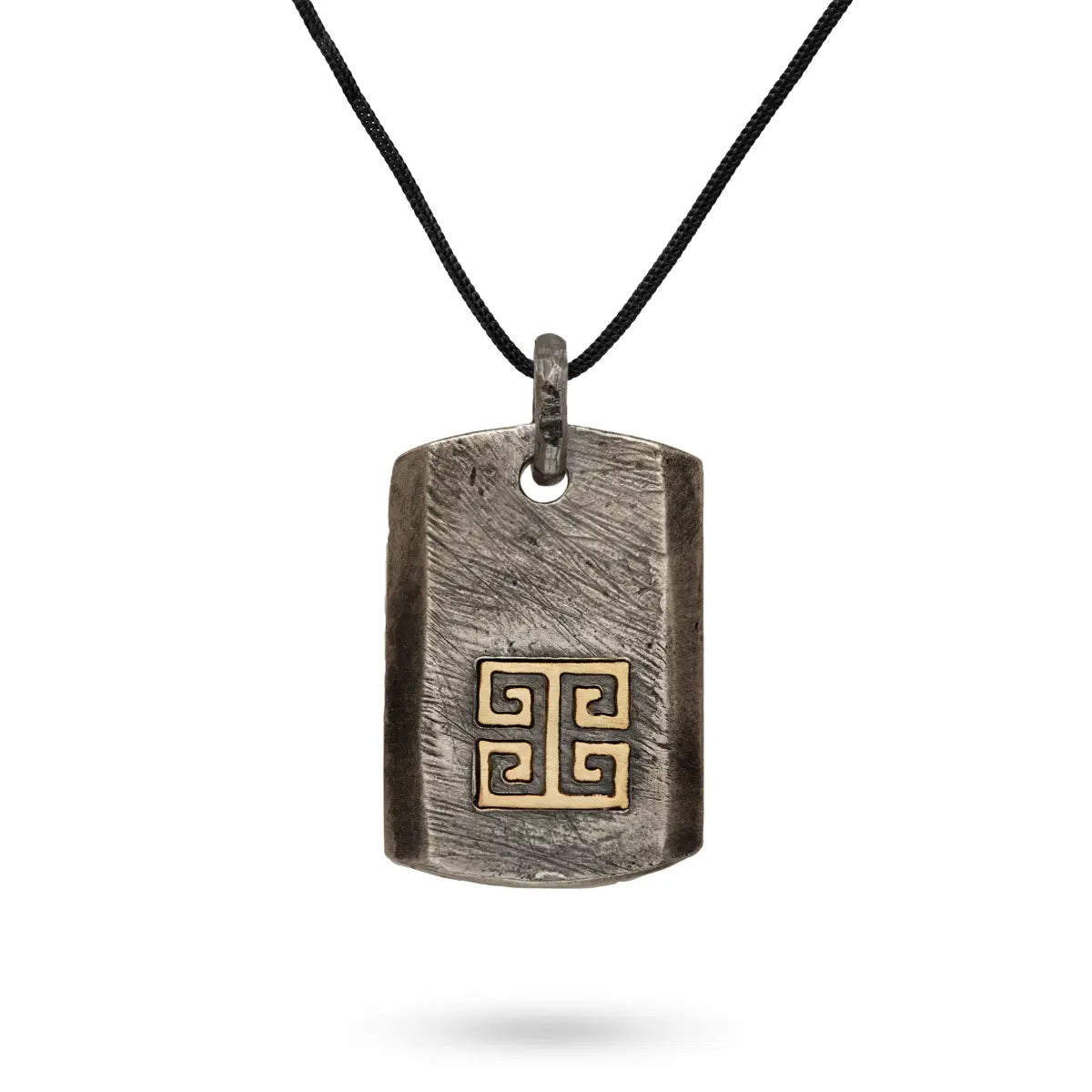 Greek Key Necklace Oxidized Silver 14K Gold with Black Cord