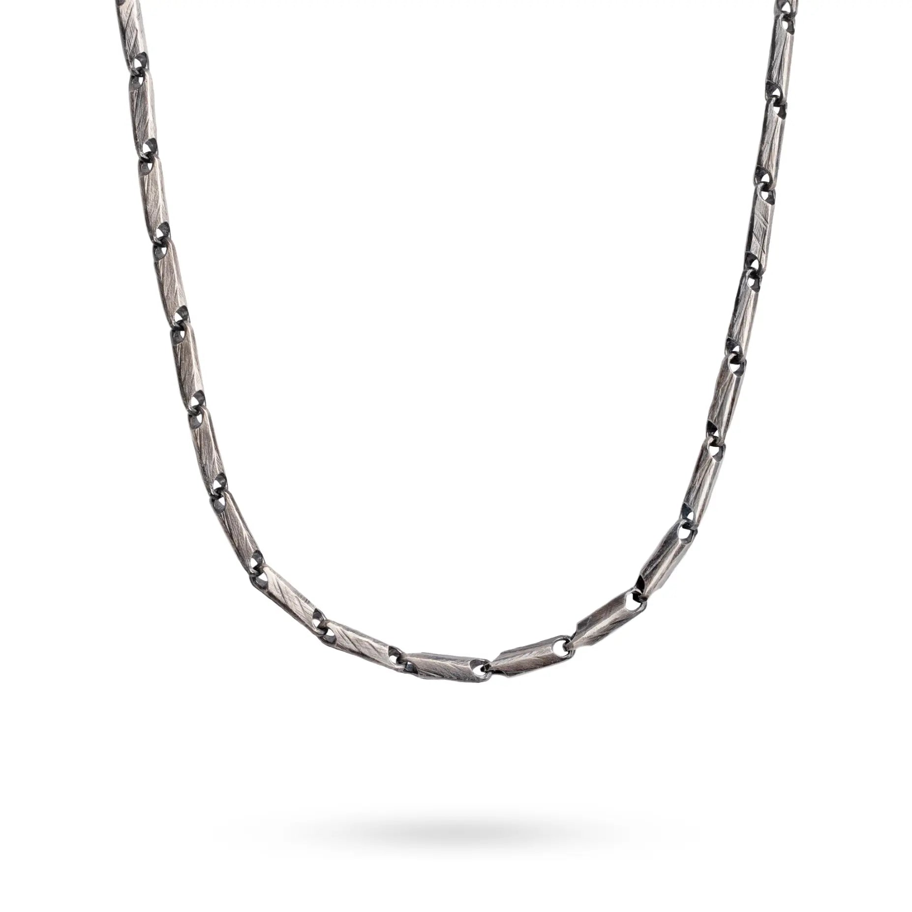 Hand-carved Chain Necklace Oxidized Silver displayed against a white background, showcasing its chunky biker-style design.
