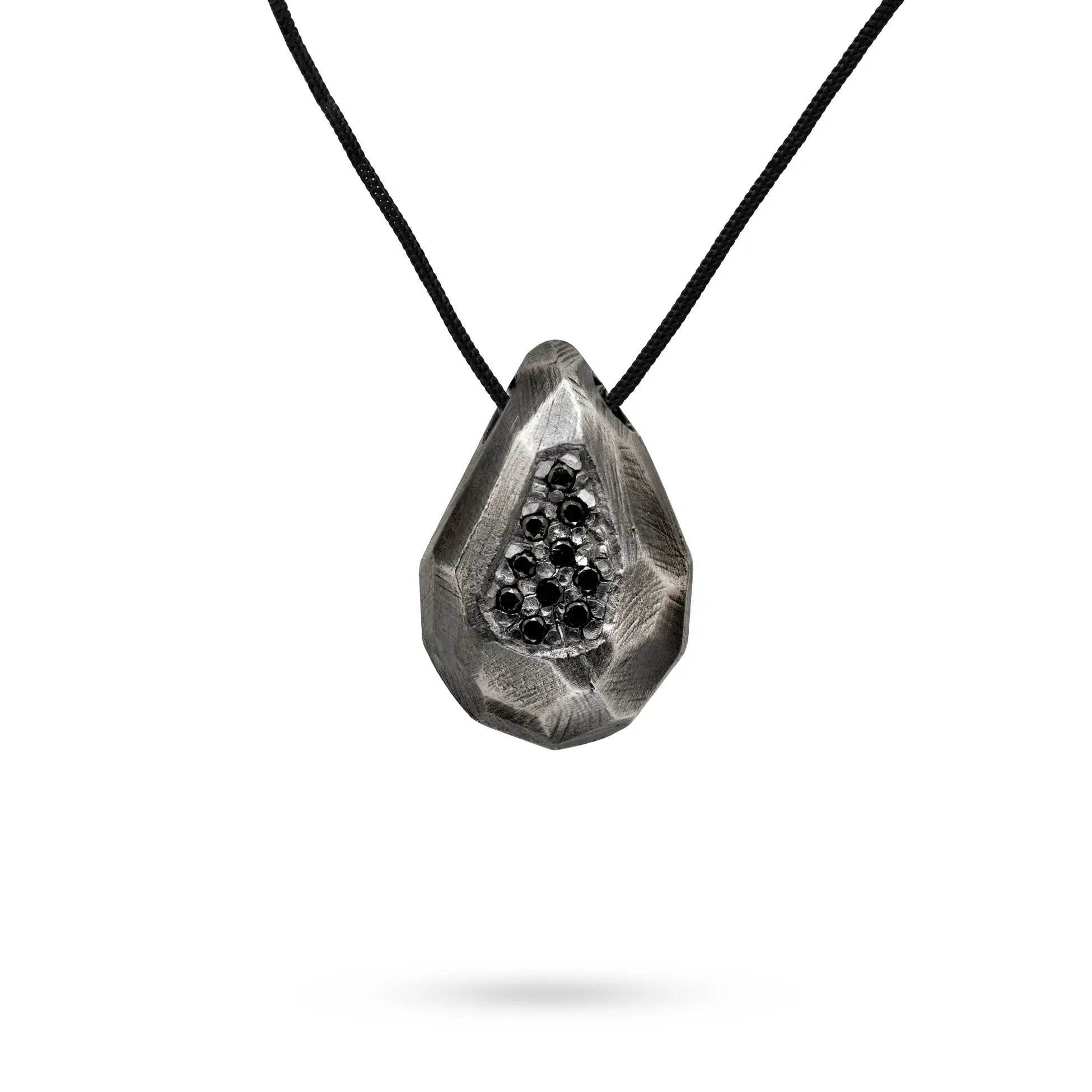Drop Necklace Oxidized Silver Black Diamonds with Black Cord
