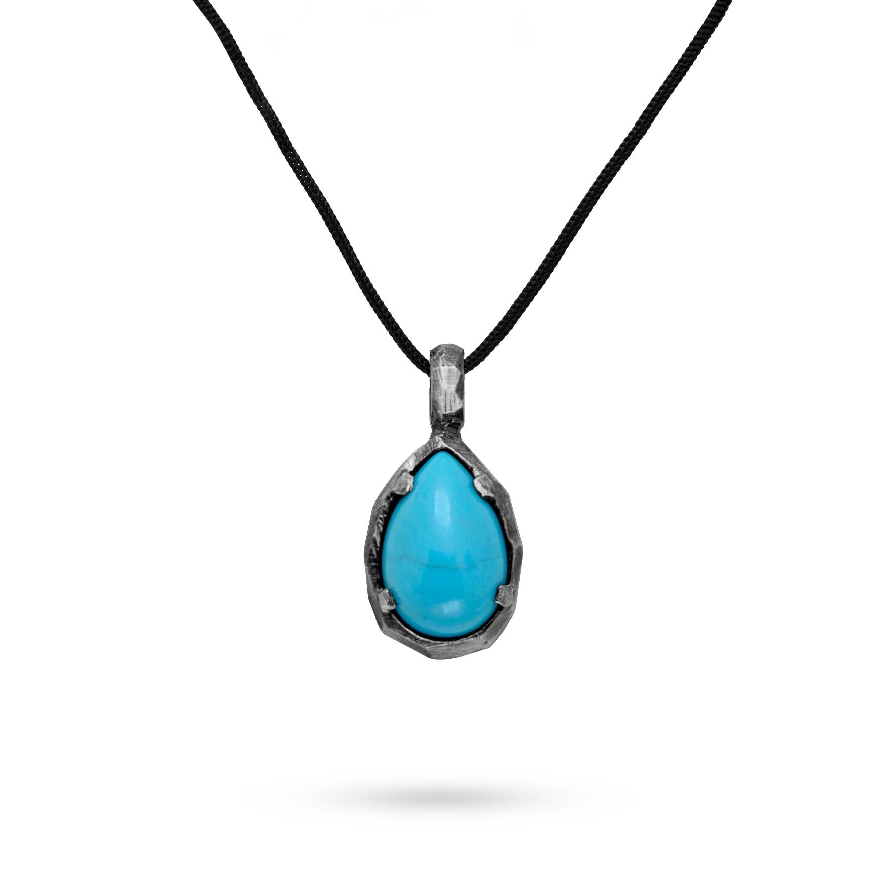 Turquoise teardrop necklace silver 925 with black oxidized sterling silver and natural gemstone pendant on curb chain.