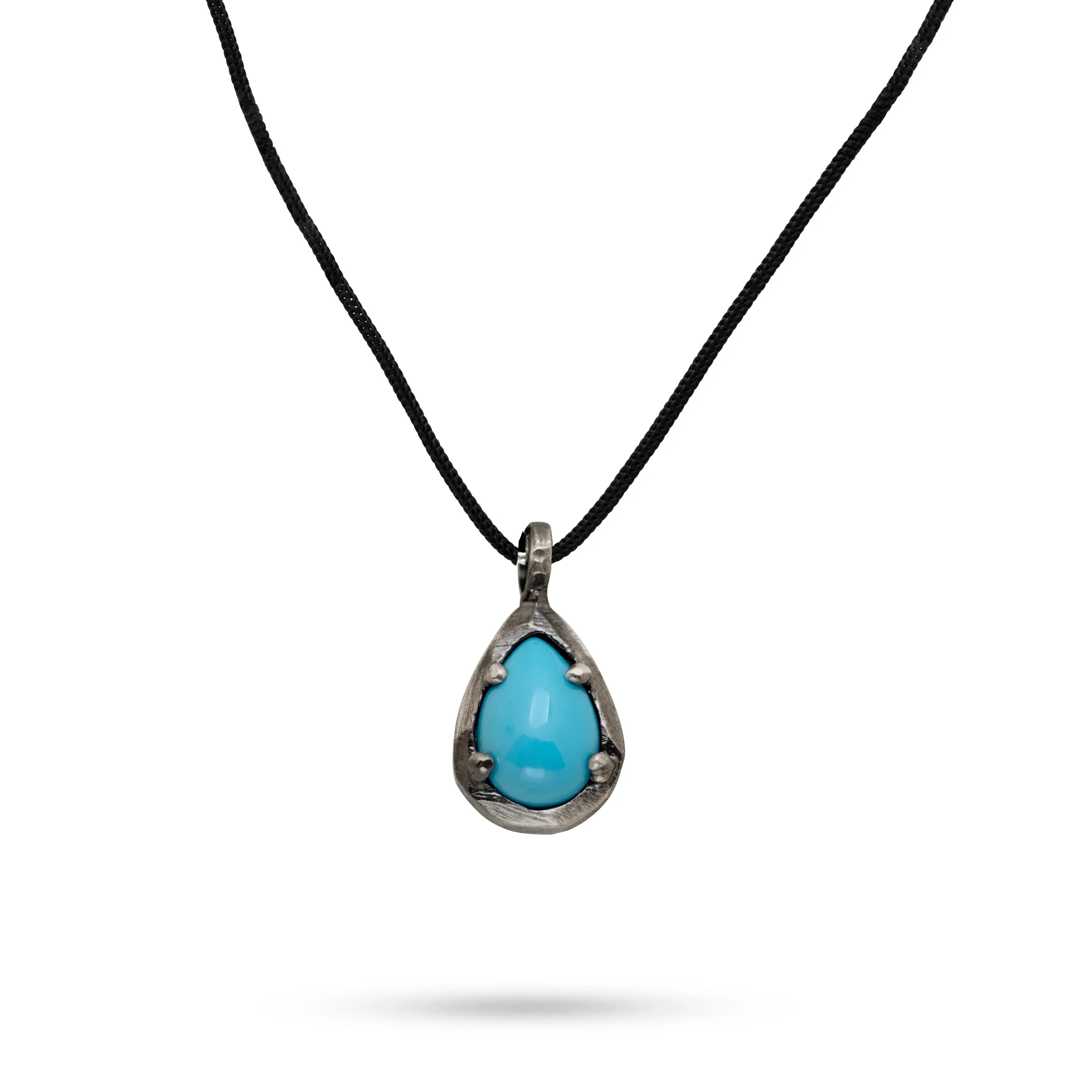Turquoise Necklace Oxidized Silver 925 Teardrop with Black Cord