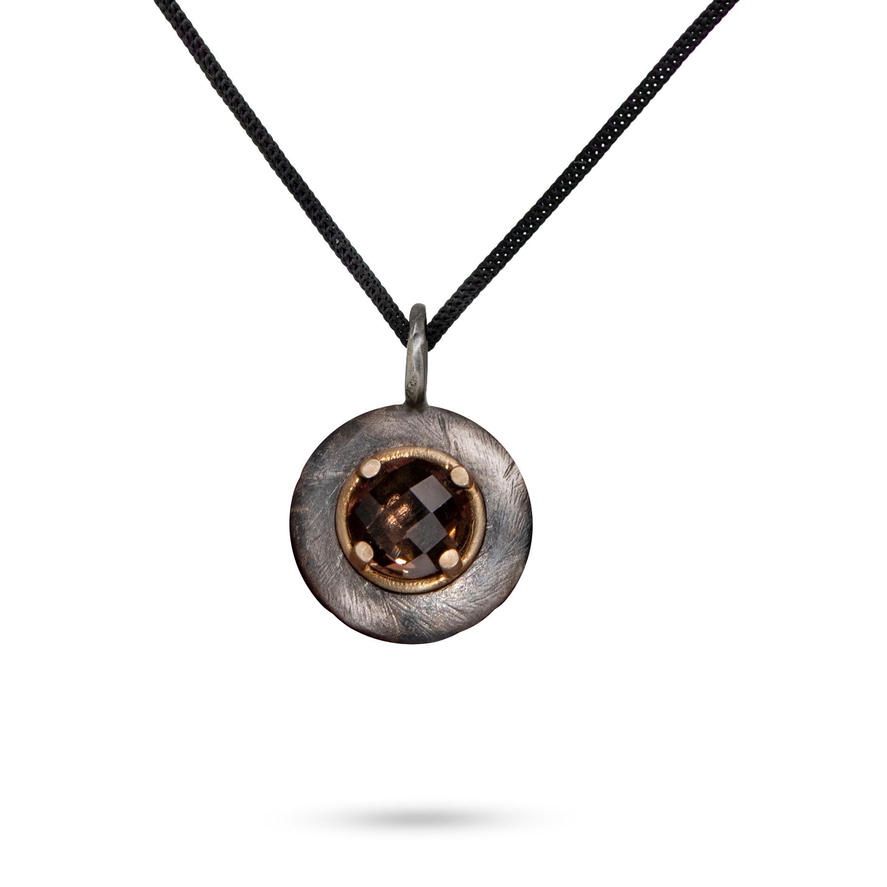 Smoky Quartz Disc Necklace Silver and 14K Gold
