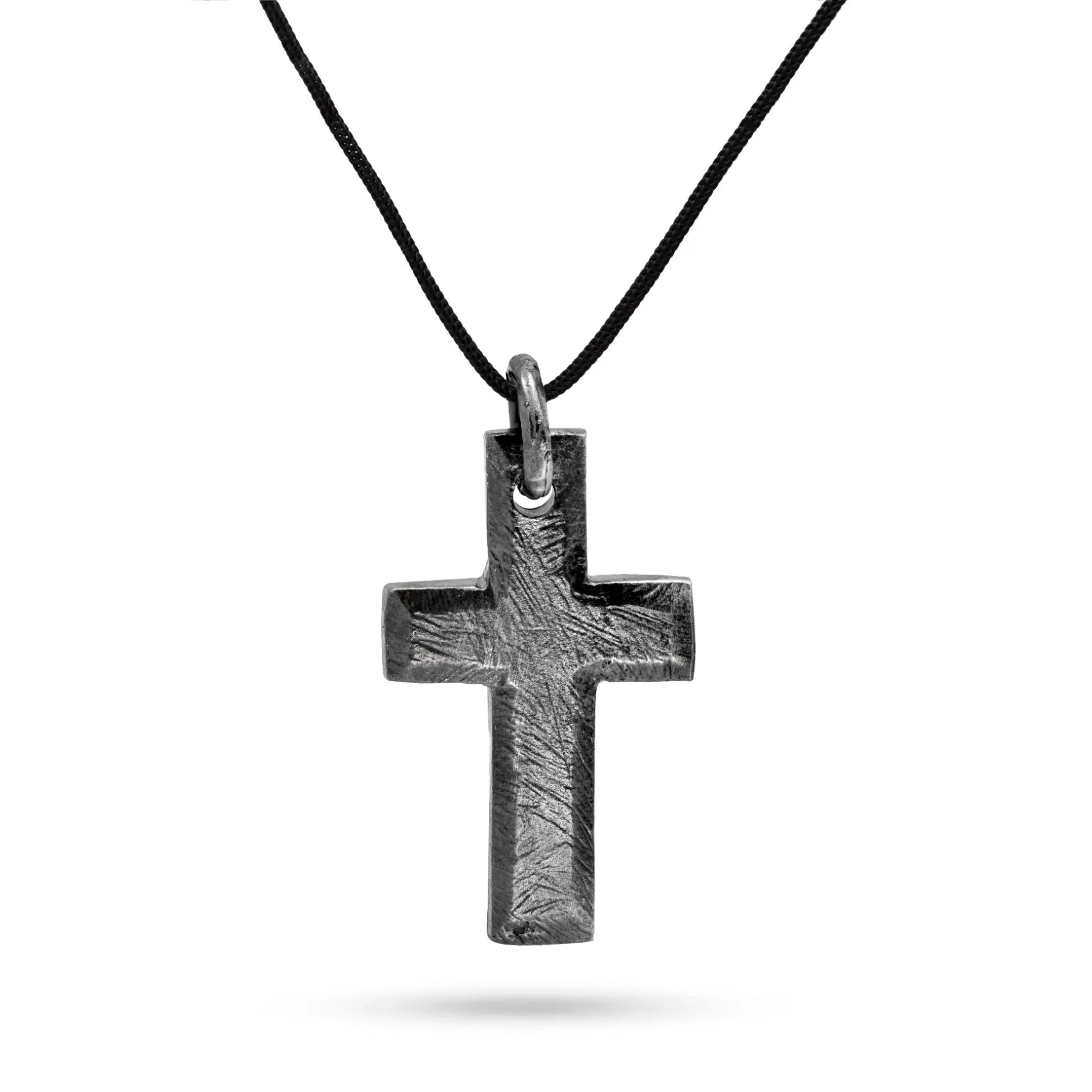 Cross Pendant Necklace Oxidized Silver on Black Synthetic Cord