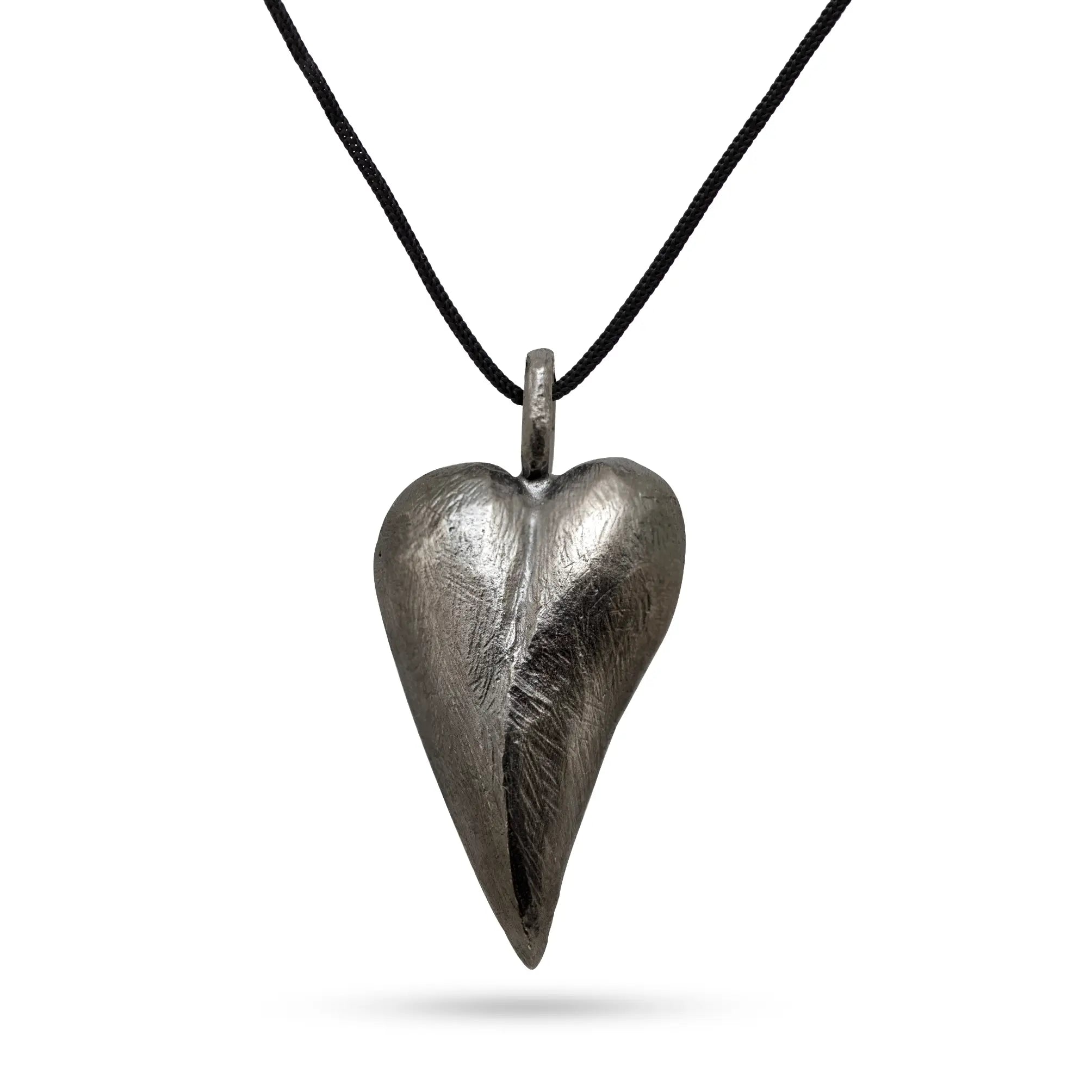 Heart Necklace Oxidized Silver 925 with blackened heart pendant on black cord, brutalist sterling silver jewelry for men and women.