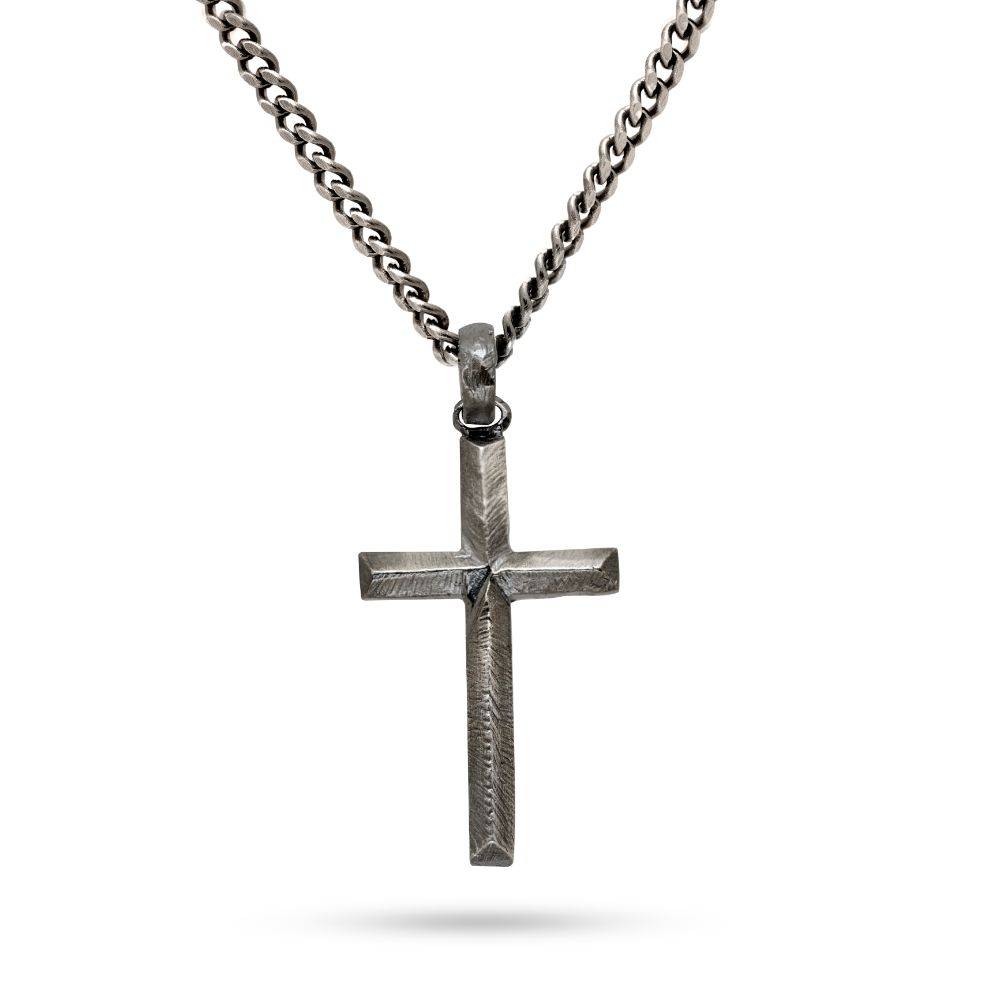 Oxidized silver cross necklace men with sterling silver 925 and bold black finish. Timeless men's accessory combining faith and style.