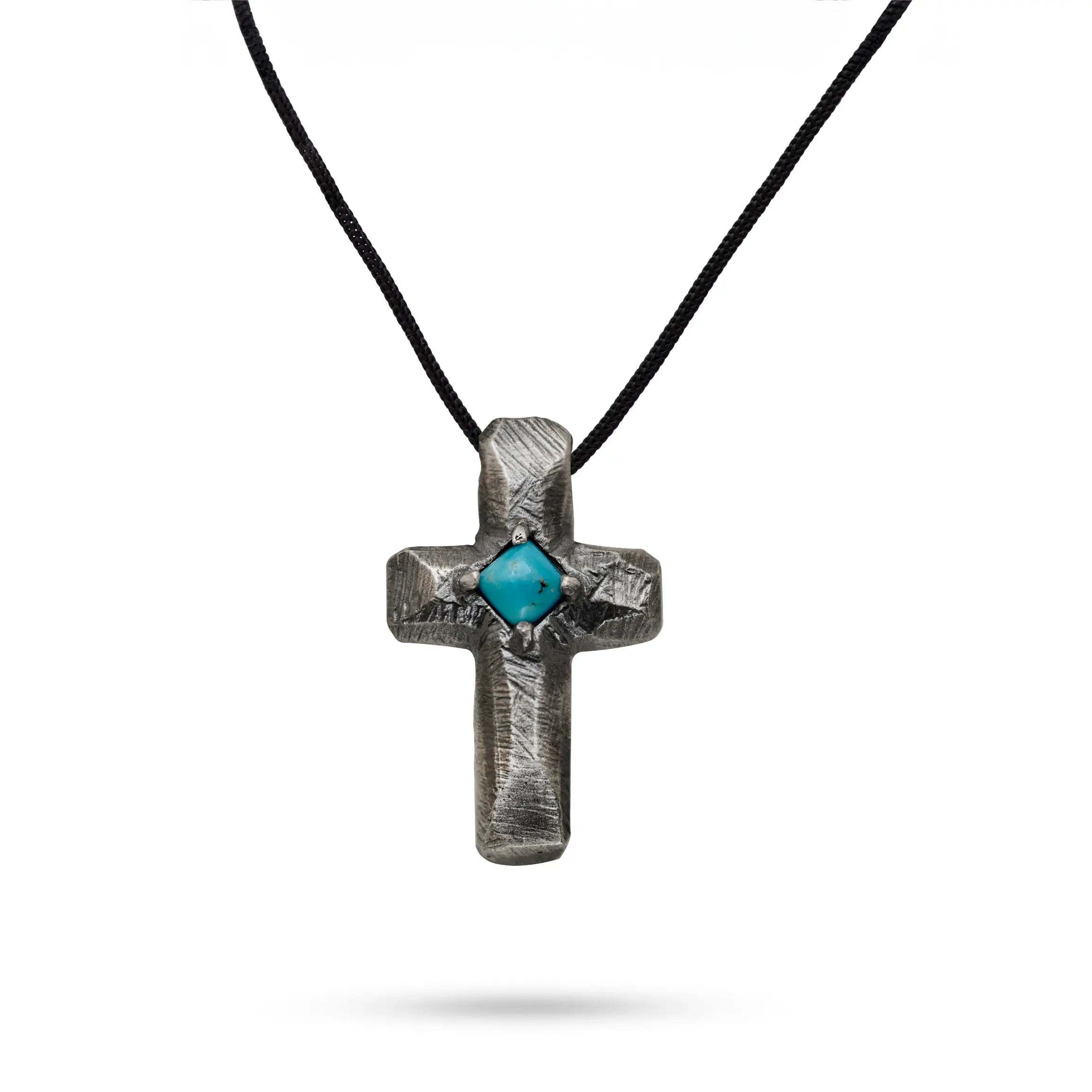 Turquoise Cross Pendant Necklace Oxidized Silver Black Cord