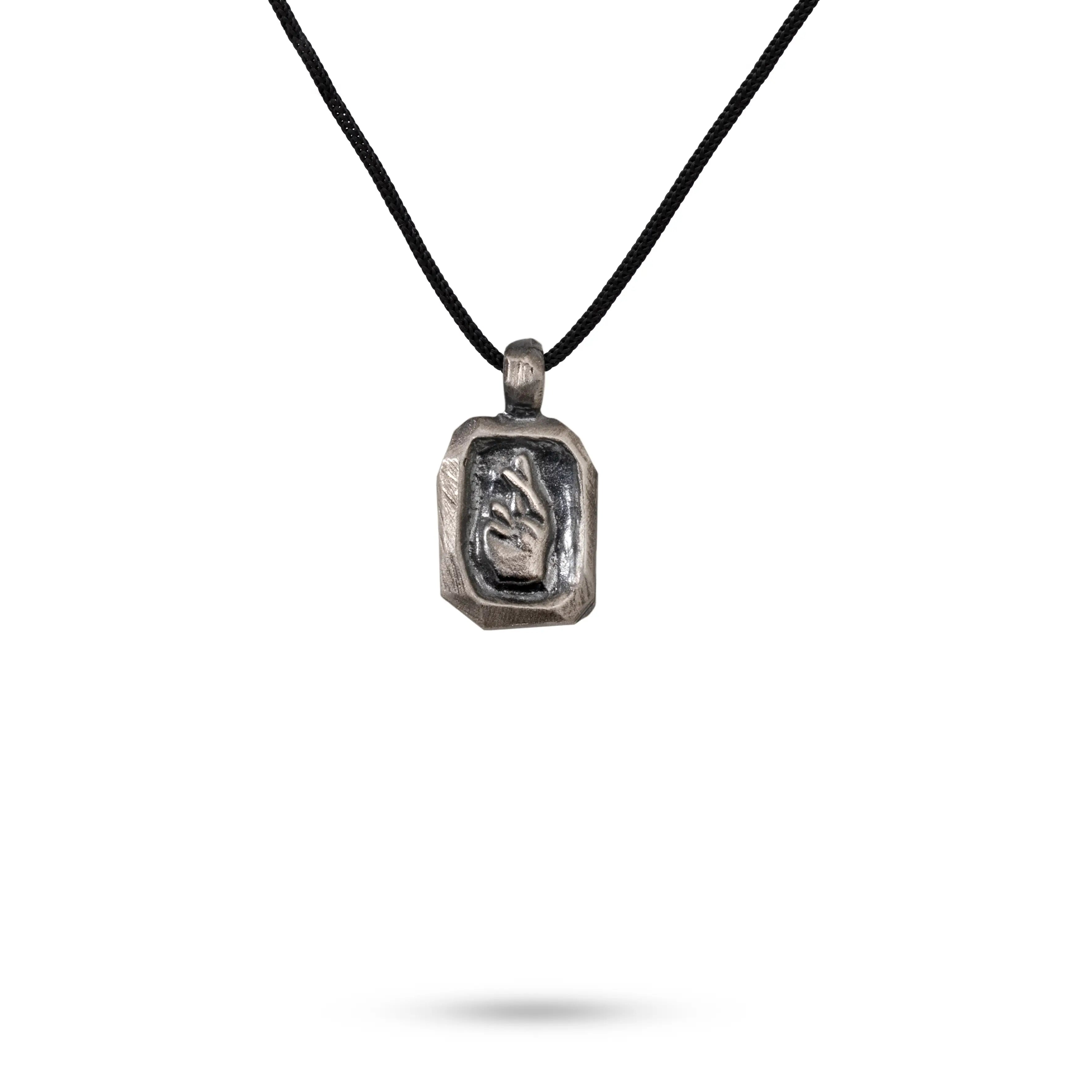 Crossed Fingers Necklace Oxidized Silver